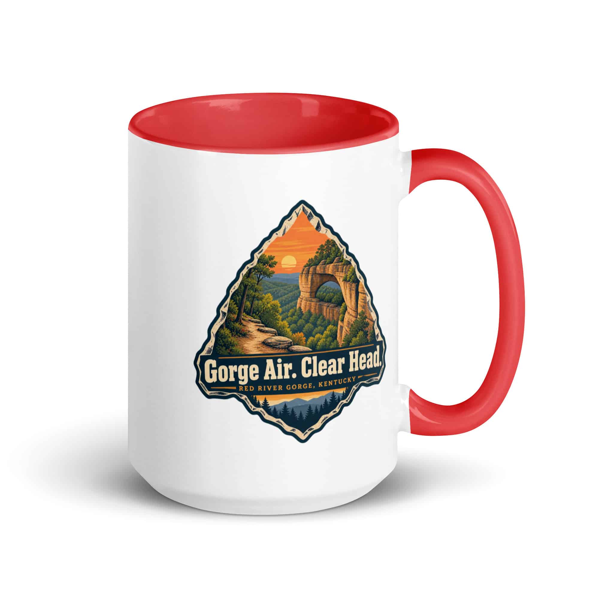 Red River Gorge Color Inside Coffee Mug: Gorge Air. Clear Head, Scenic Shield Badge