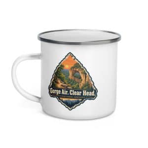 Red River Gorge Enamel Camp Mug: Gorge Air. Clear Head, Scenic Shield Badge - 12 oz - Left