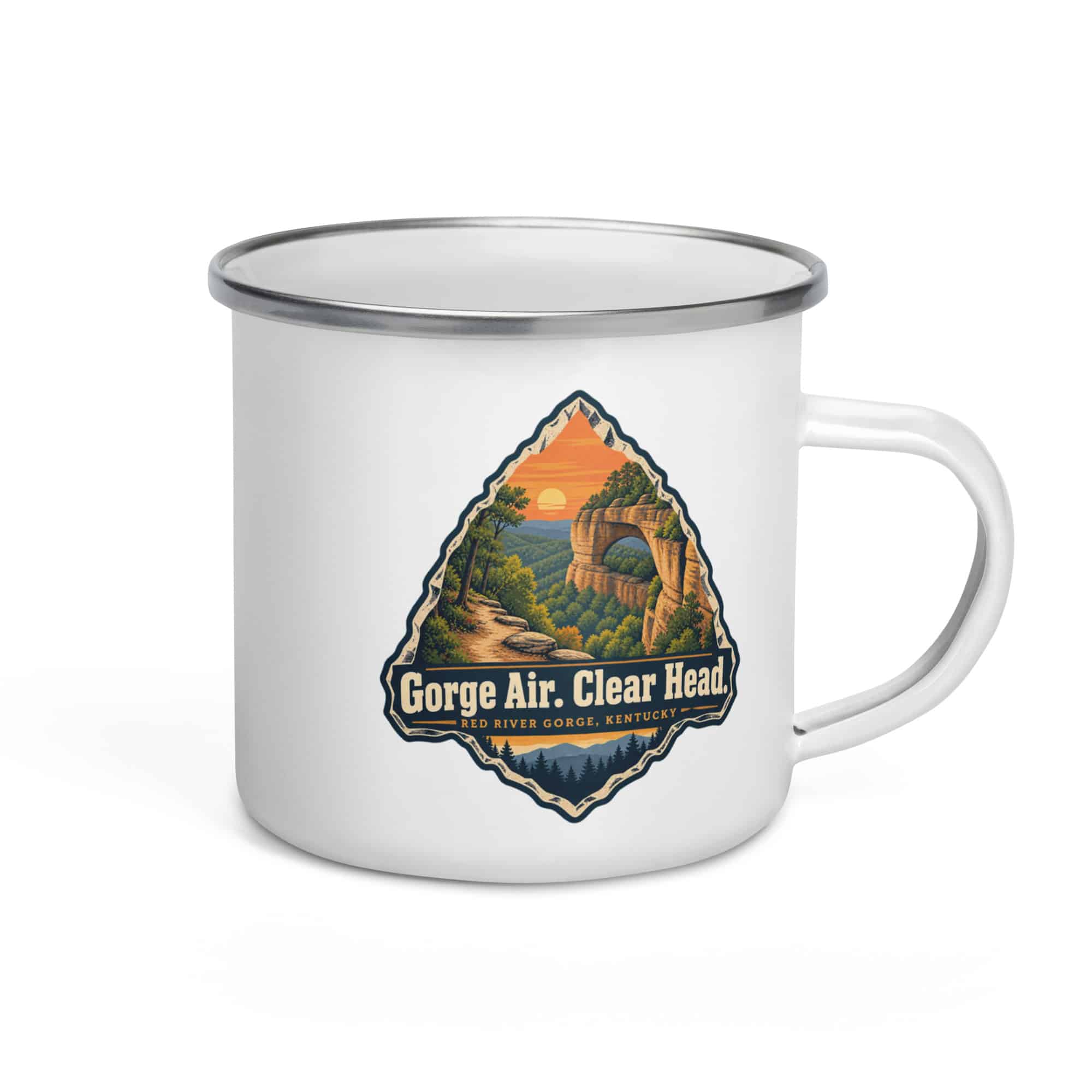 Red River Gorge Enamel Camp Mug: Gorge Air. Clear Head, Scenic Shield Badge
