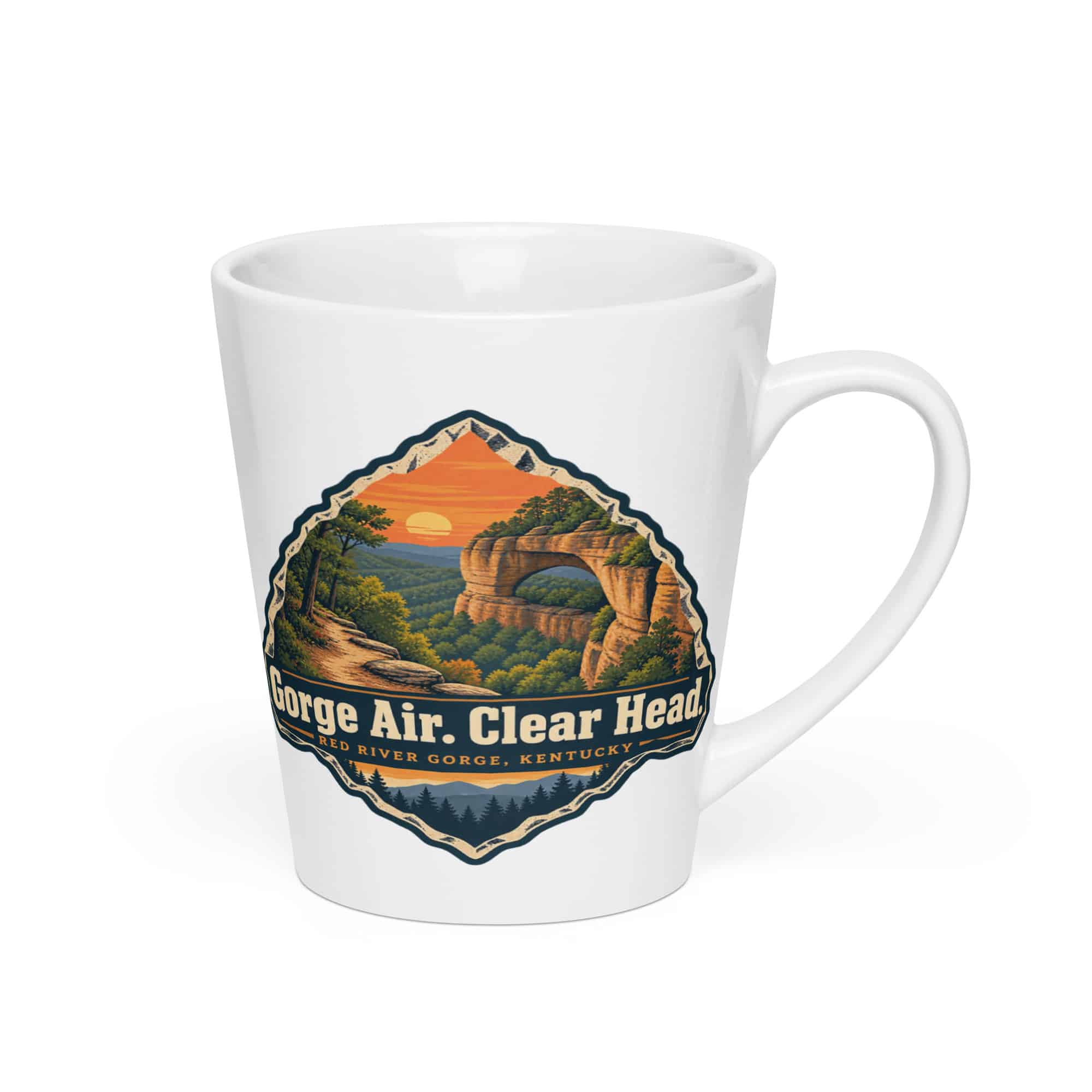 Red River Gorge Latte Mug: Gorge Air. Clear Head, Scenic Shield Badge