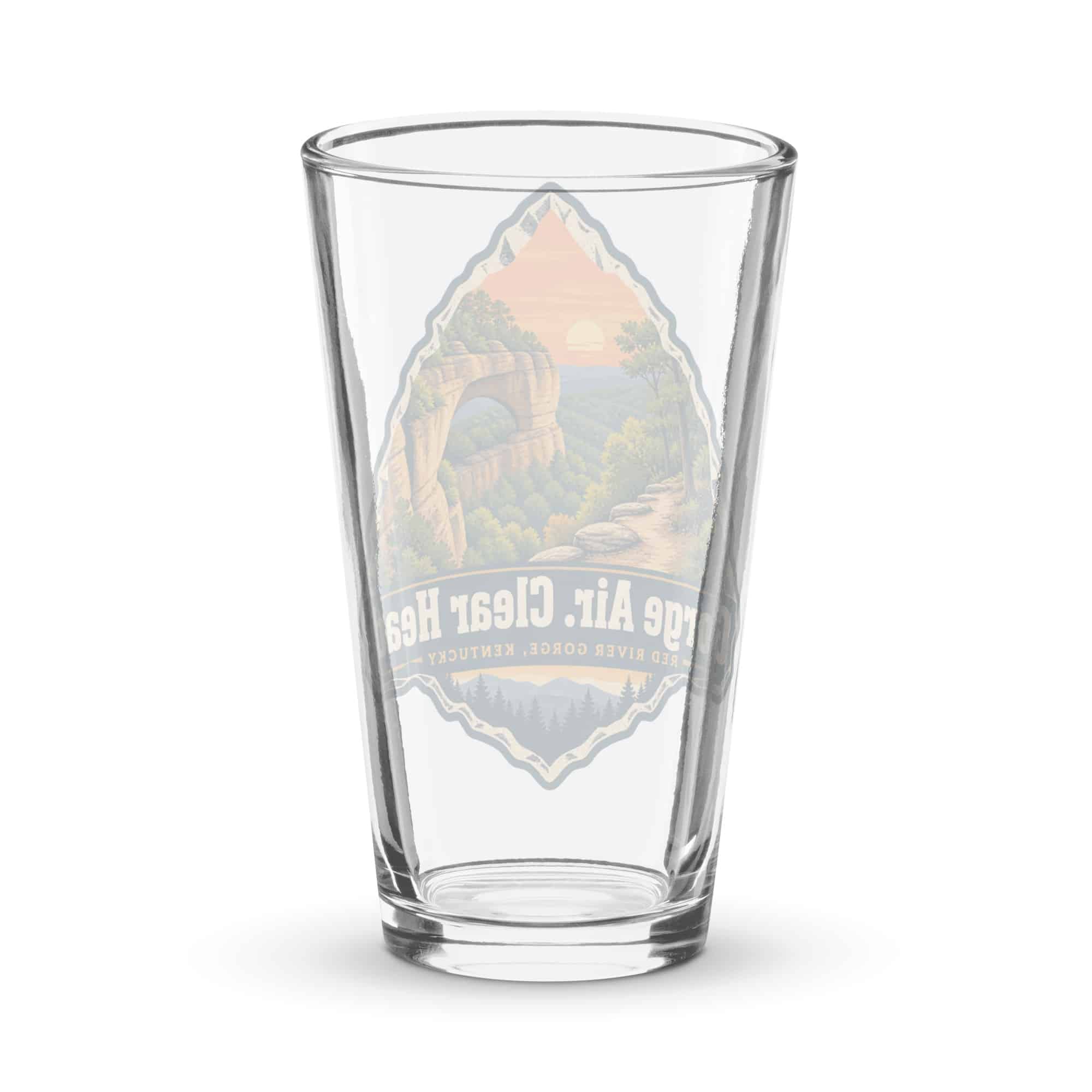 Red River Gorge Pint Glass: Gorge Air. Clear Head, Scenic Shield Badge