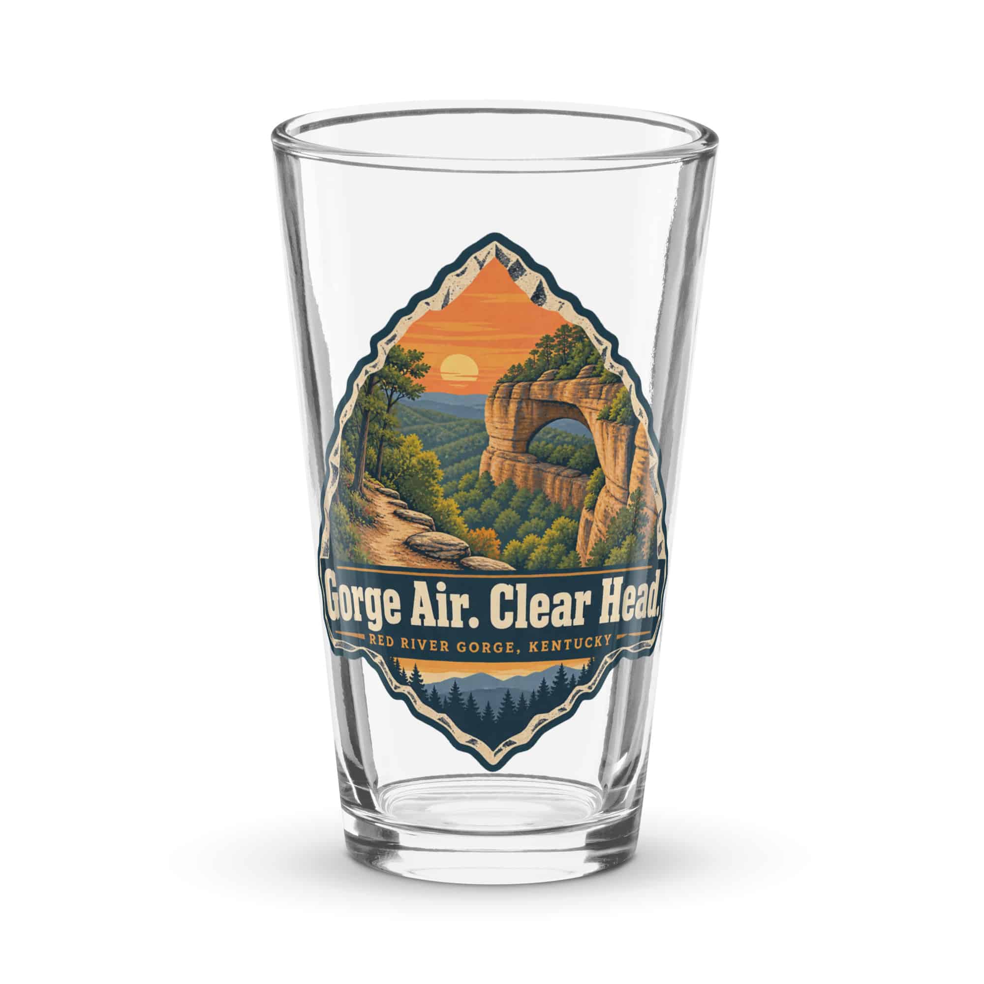 Red River Gorge Pint Glass: Gorge Air. Clear Head, Scenic Shield Badge