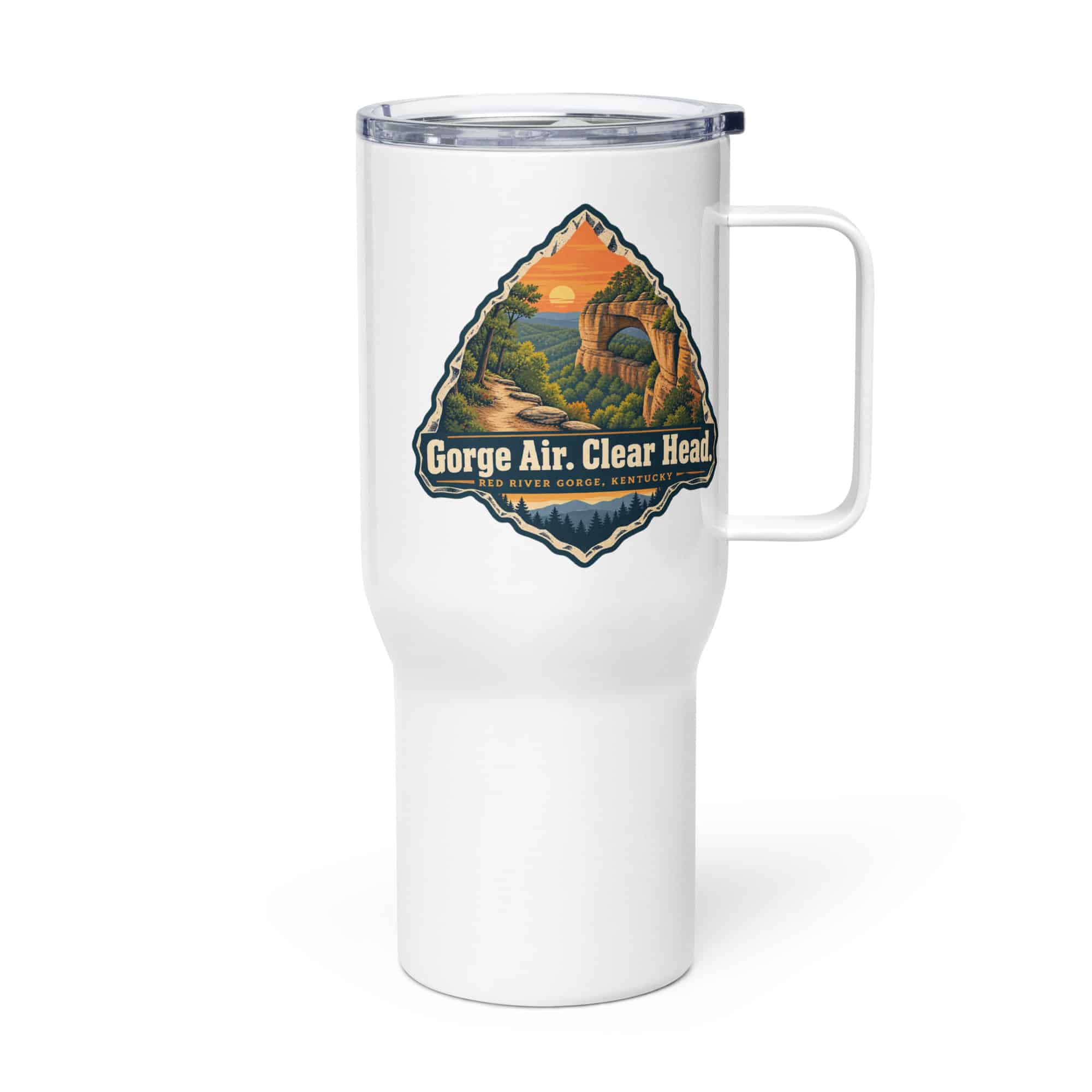 Red River Gorge Travel Mug: Gorge Air. Clear Head, Scenic Shield Badge