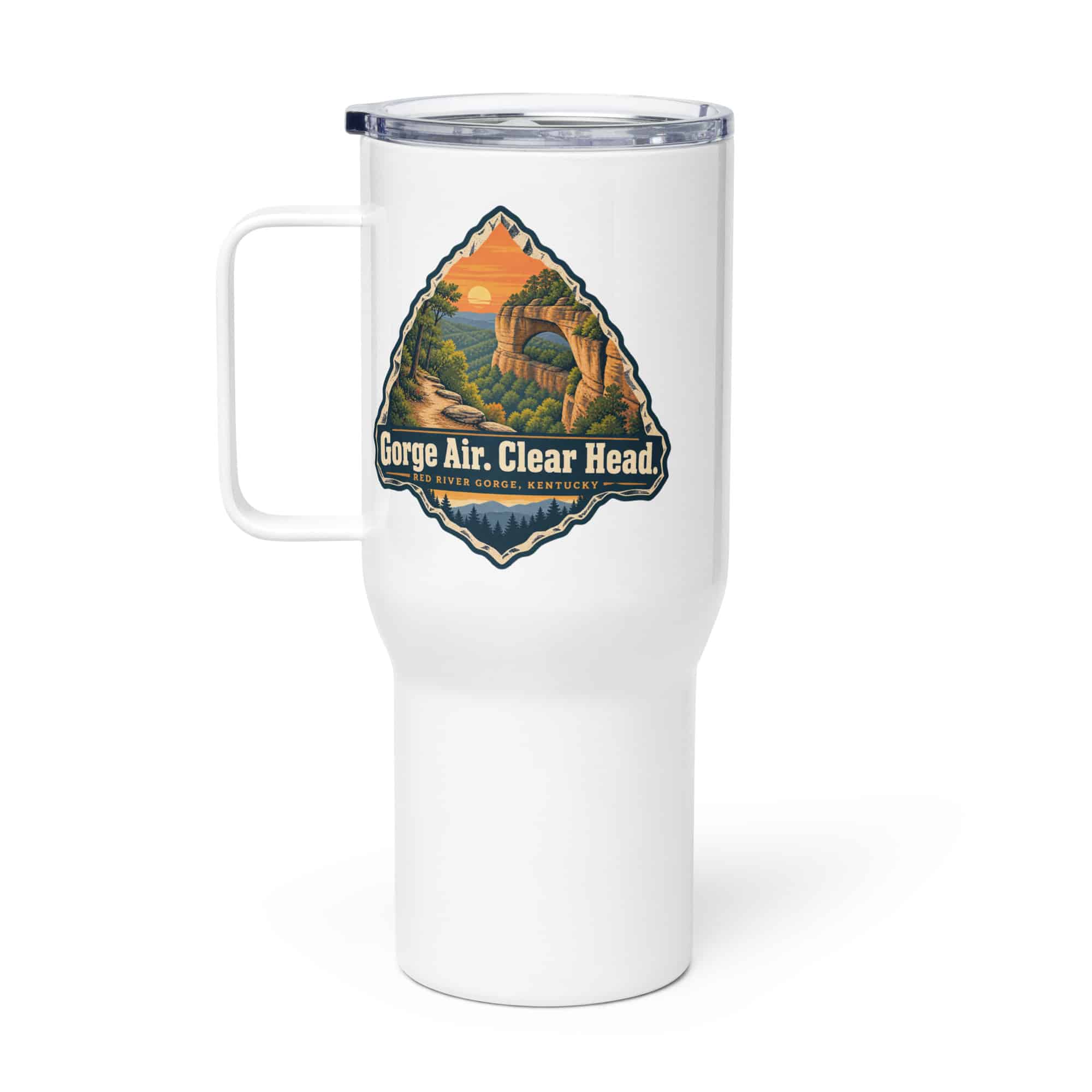 Red River Gorge Travel Mug: Gorge Air. Clear Head, Scenic Shield Badge