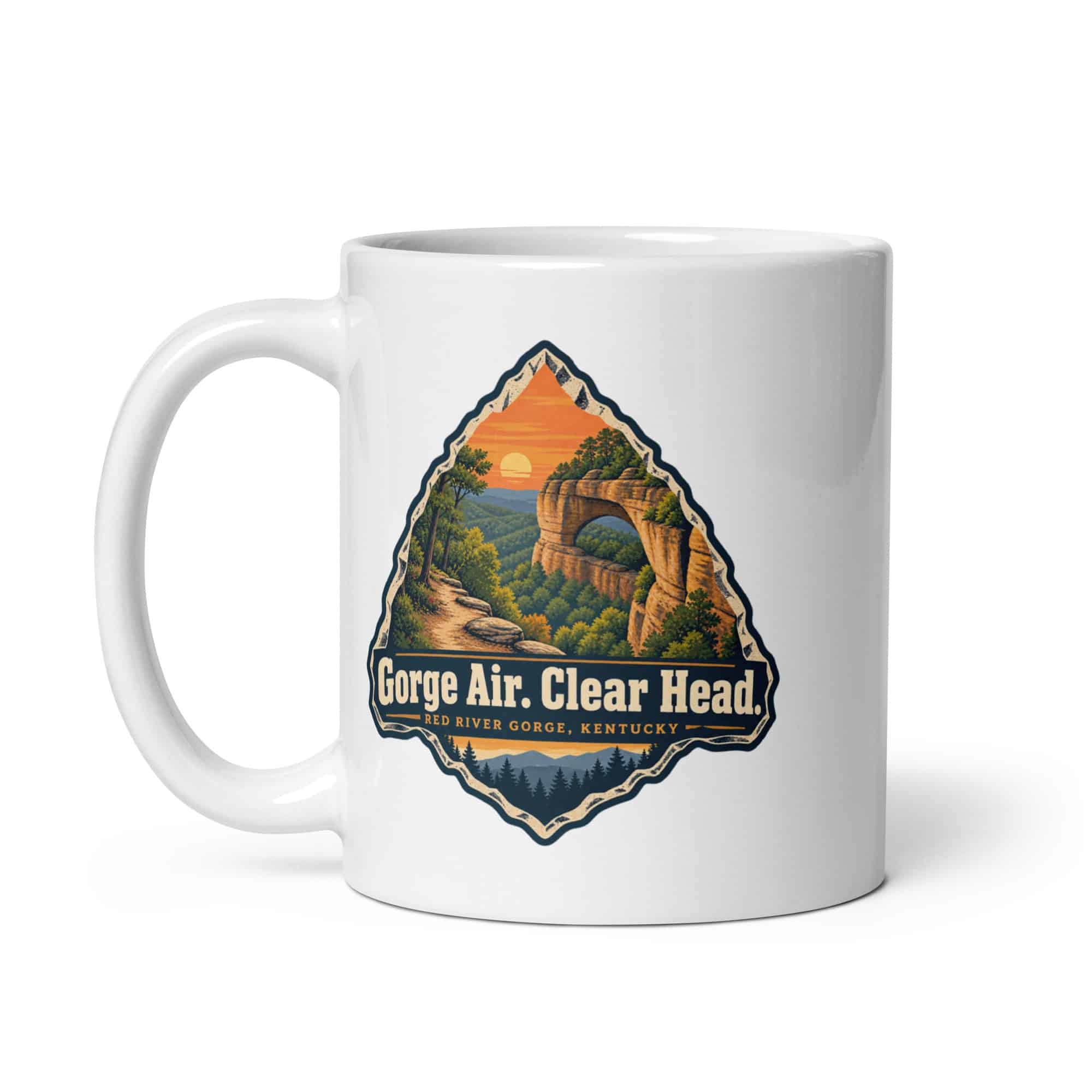 Red River Gorge White Ceramic Coffee Mug: Gorge Air. Clear Head, Scenic Shield Badge