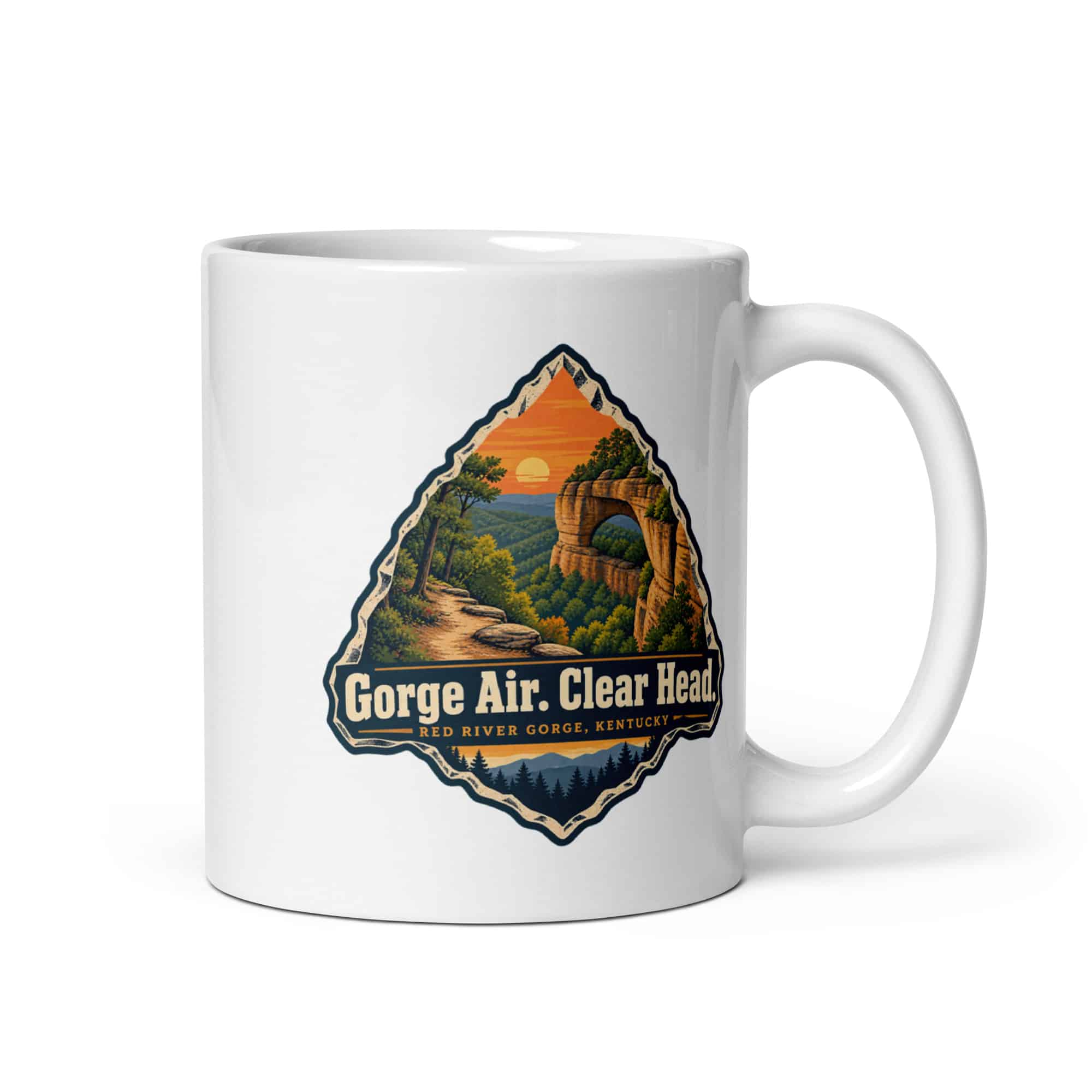 Red River Gorge White Ceramic Coffee Mug: Gorge Air. Clear Head, Scenic Shield Badge