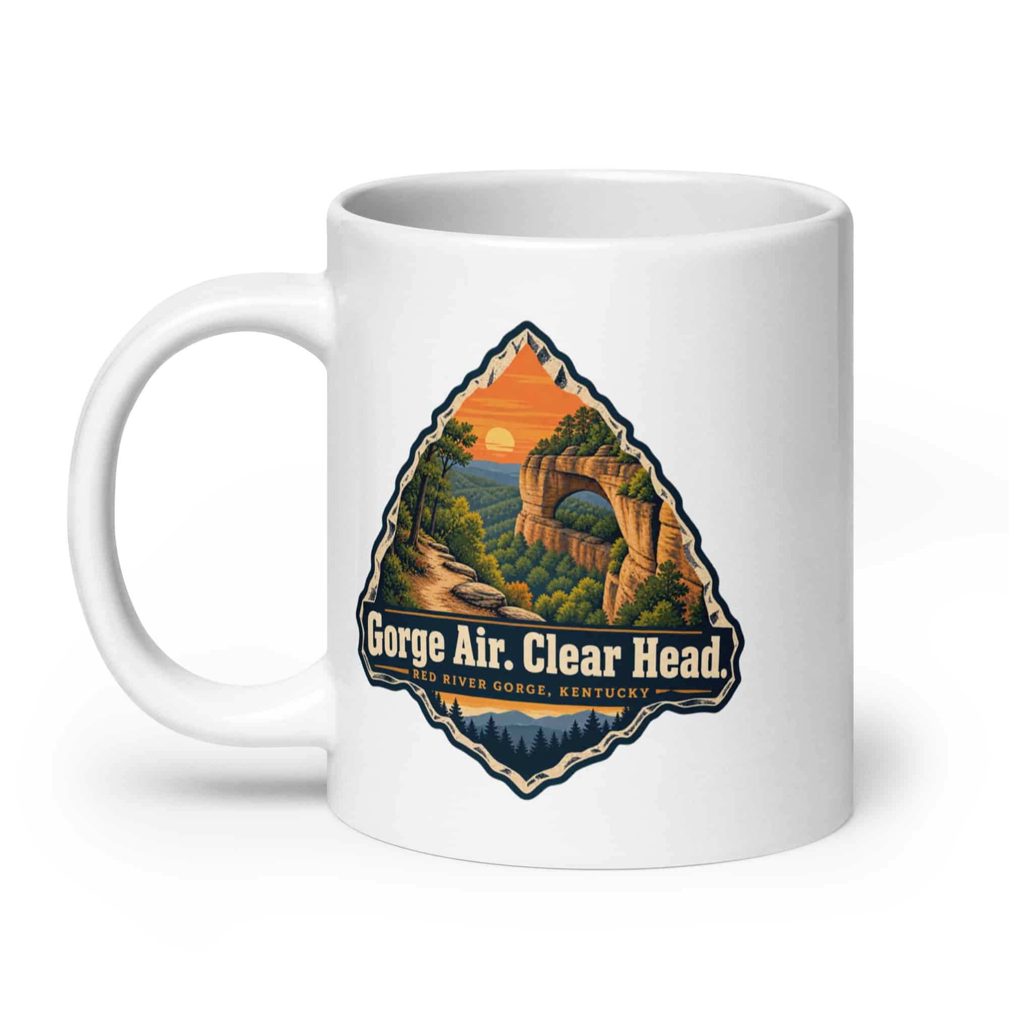 Red River Gorge White Ceramic Coffee Mug: Gorge Air. Clear Head, Scenic Shield Badge