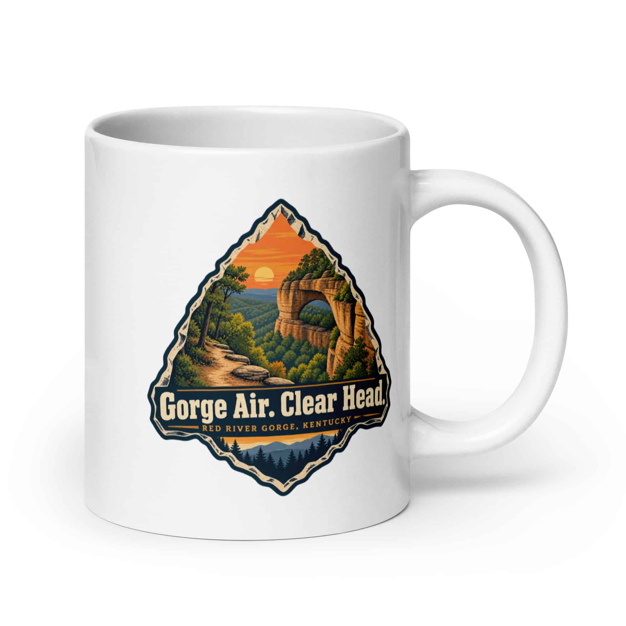 Red River Gorge White Ceramic Coffee Mug: Gorge Air. Clear Head, Scenic Shield Badge
