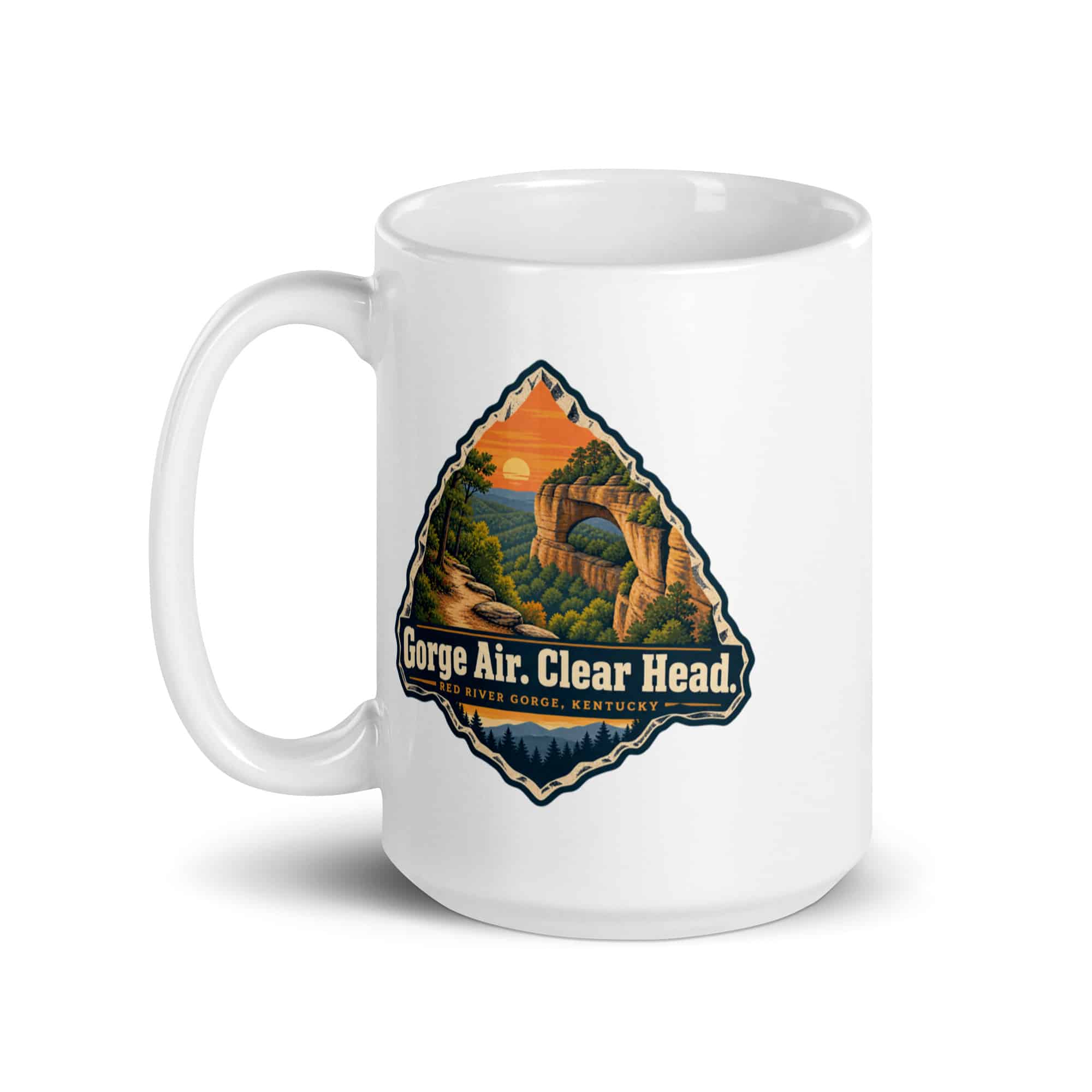 Red River Gorge White Ceramic Coffee Mug: Gorge Air. Clear Head, Scenic Shield Badge