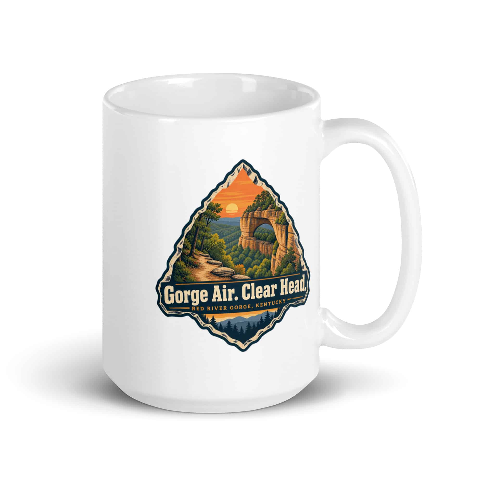 Red River Gorge White Ceramic Coffee Mug: Gorge Air. Clear Head, Scenic Shield Badge