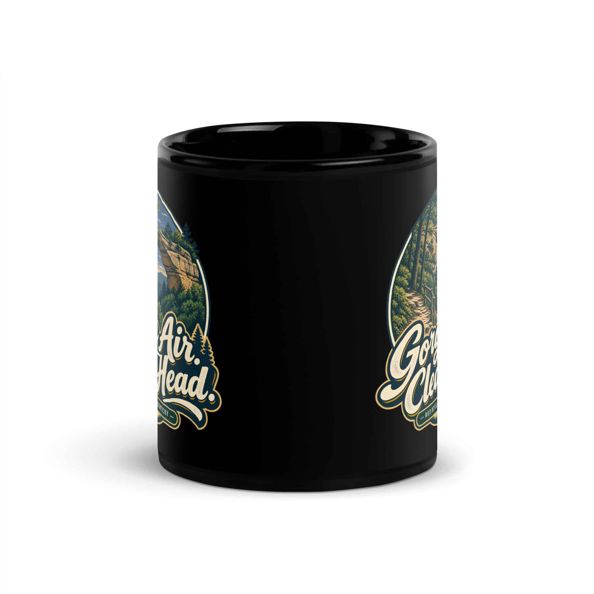 Red River Gorge Black Coffee Mug: Gorge Air. Clear Head, Woodland Scenic Lettering