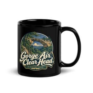 Red River Gorge Black Coffee Mug: Gorge Air. Clear Head, Woodland Scenic Lettering - 11 oz - Handle on Right