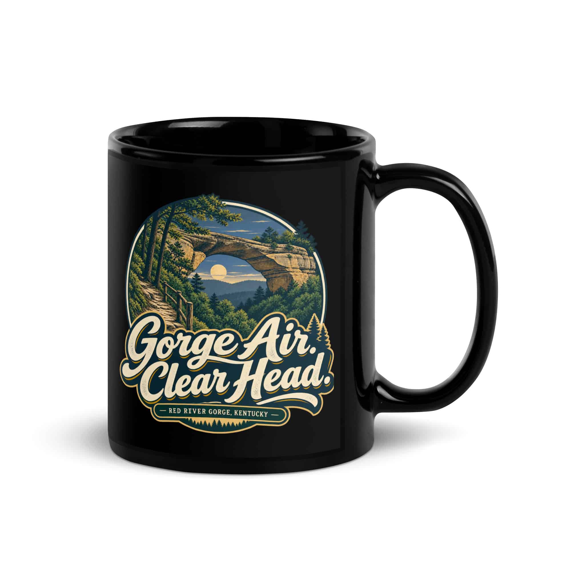 Red River Gorge Black Coffee Mug: Gorge Air. Clear Head, Woodland Scenic Lettering