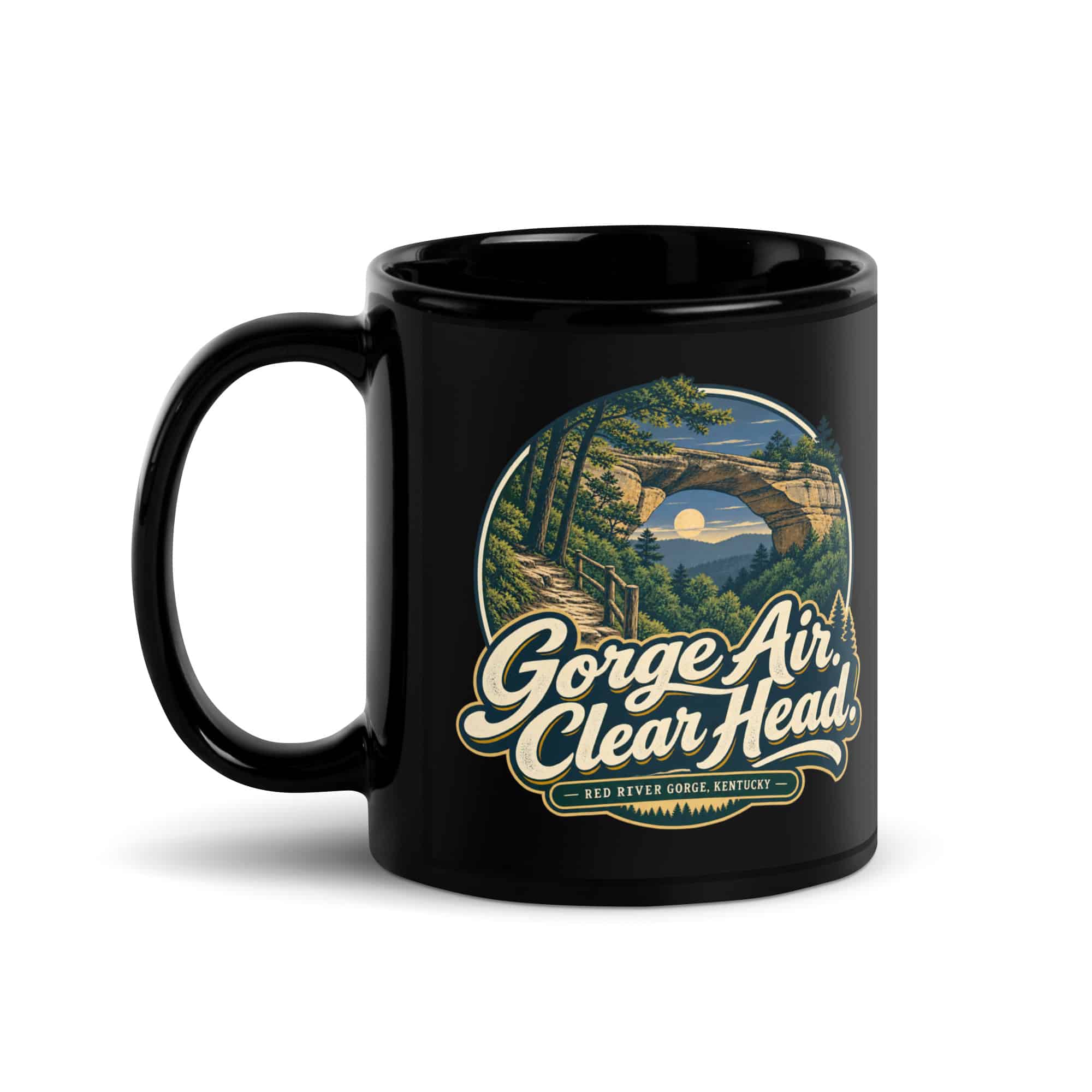 Red River Gorge Black Coffee Mug: Gorge Air. Clear Head, Woodland Scenic Lettering