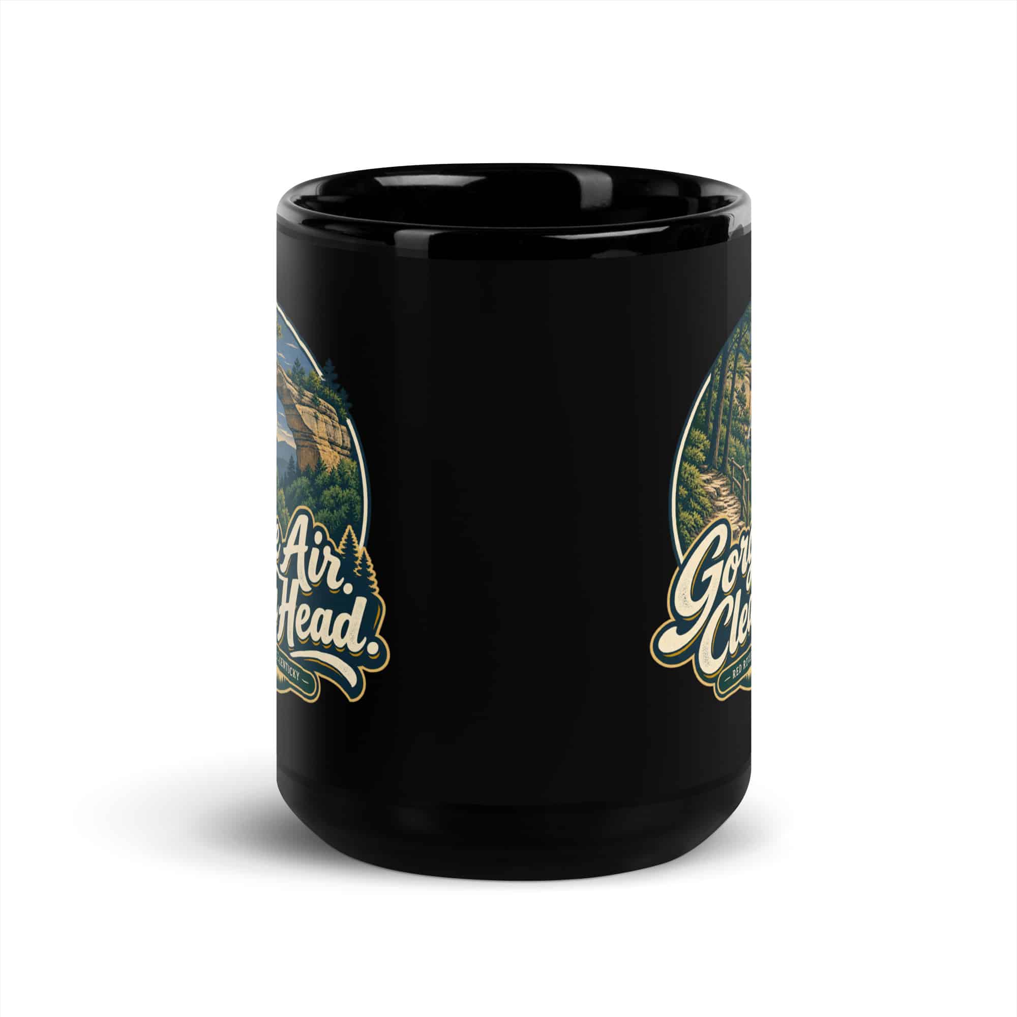 Red River Gorge Black Coffee Mug: Gorge Air. Clear Head, Woodland Scenic Lettering