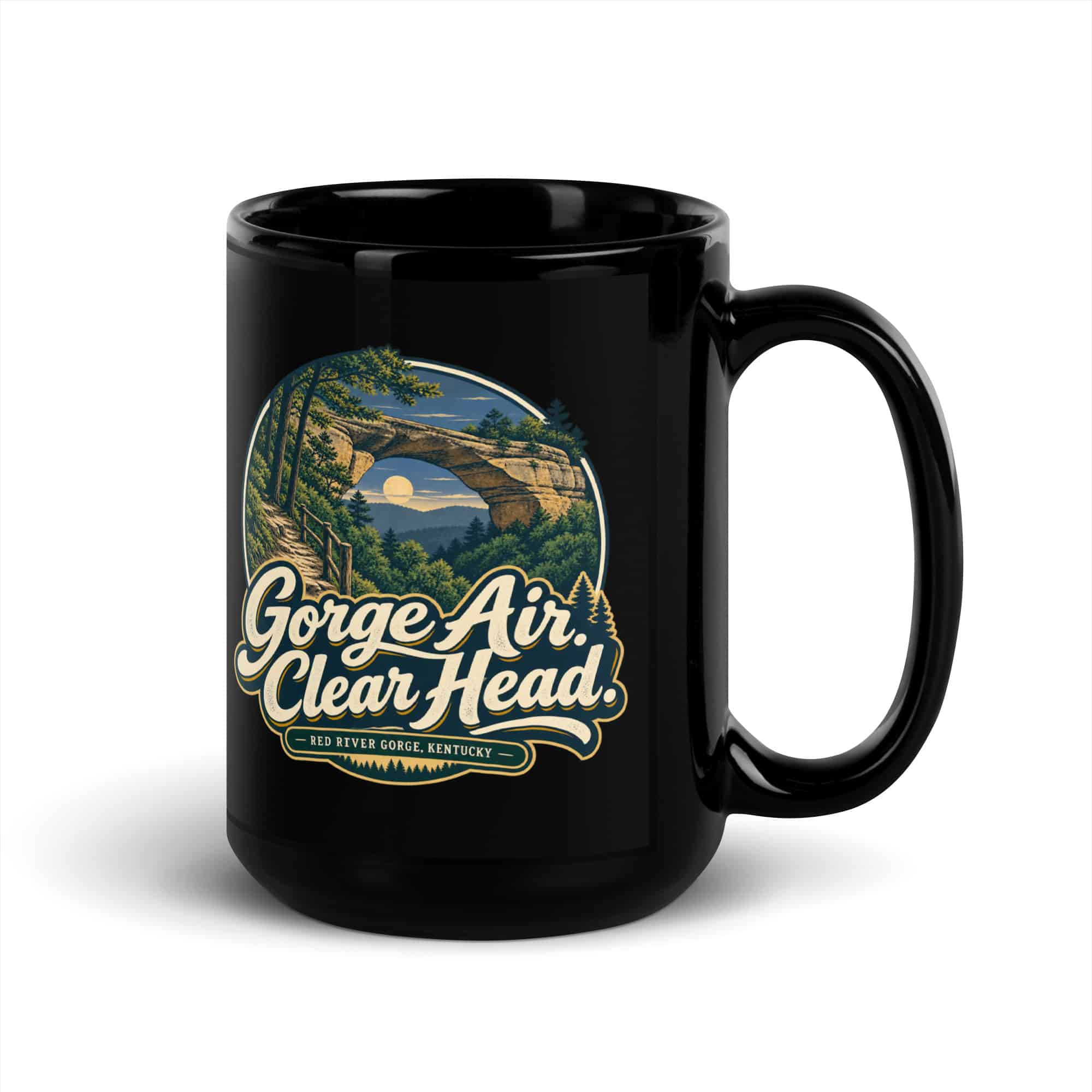 Red River Gorge Black Coffee Mug: Gorge Air. Clear Head, Woodland Scenic Lettering