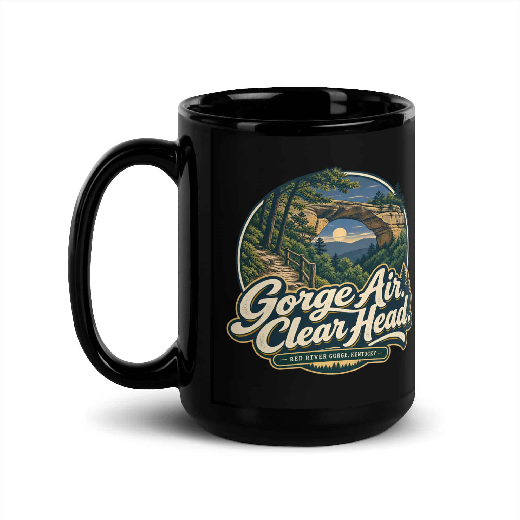 Red River Gorge Black Coffee Mug: Gorge Air. Clear Head, Woodland Scenic Lettering