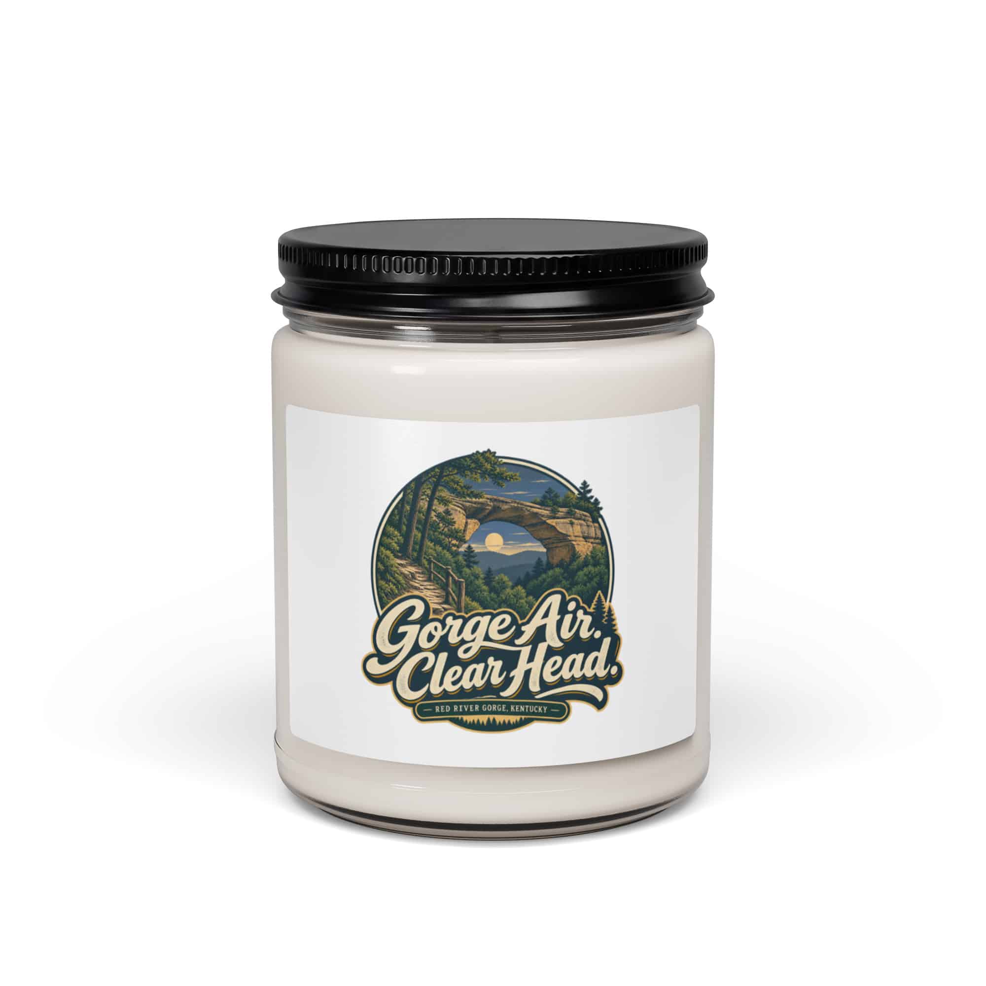 Red River Gorge Soy Wax Candle: Gorge Air. Clear Head, Woodland Scenic Lettering