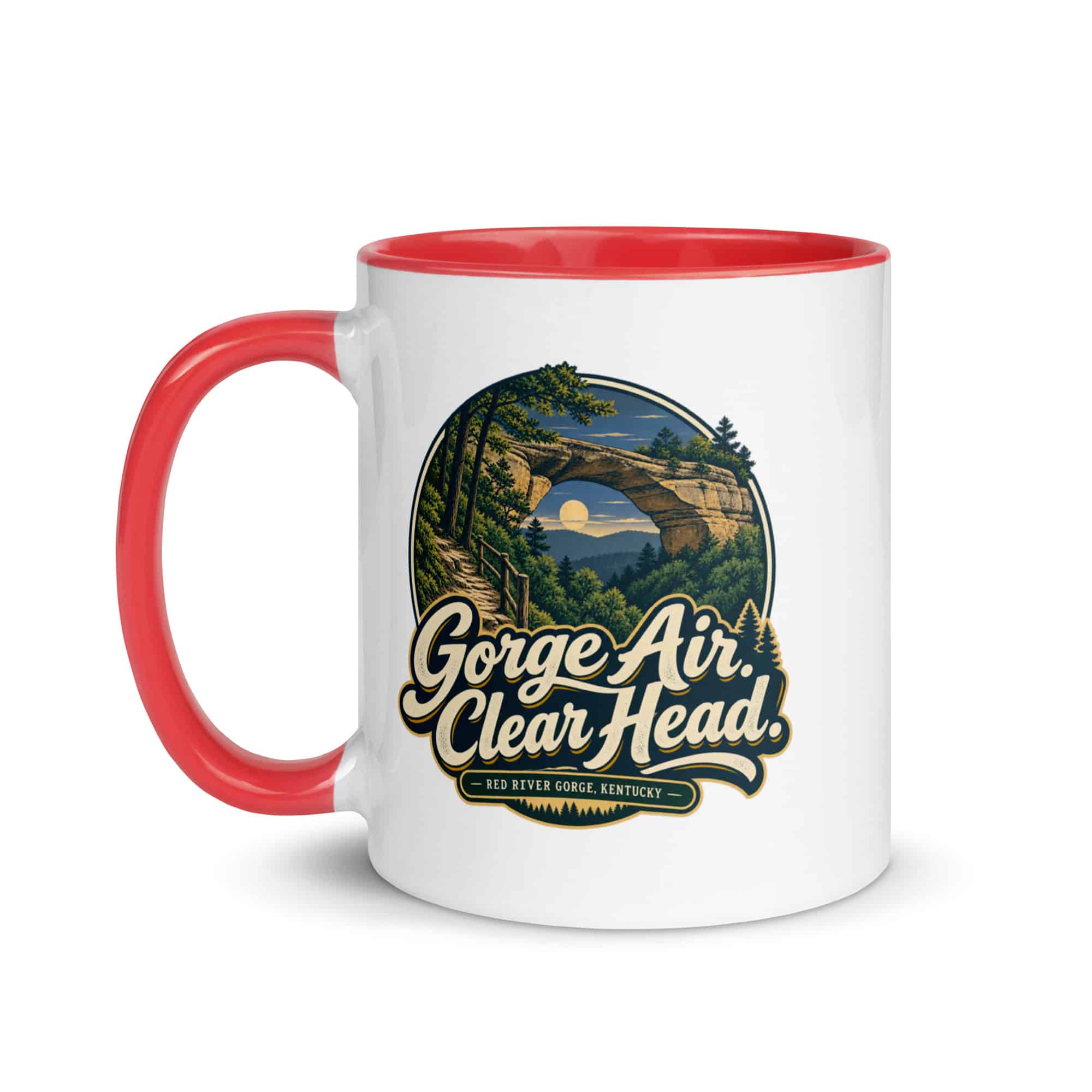 Red River Gorge Color Inside Coffee Mug: Gorge Air. Clear Head, Woodland Scenic Lettering