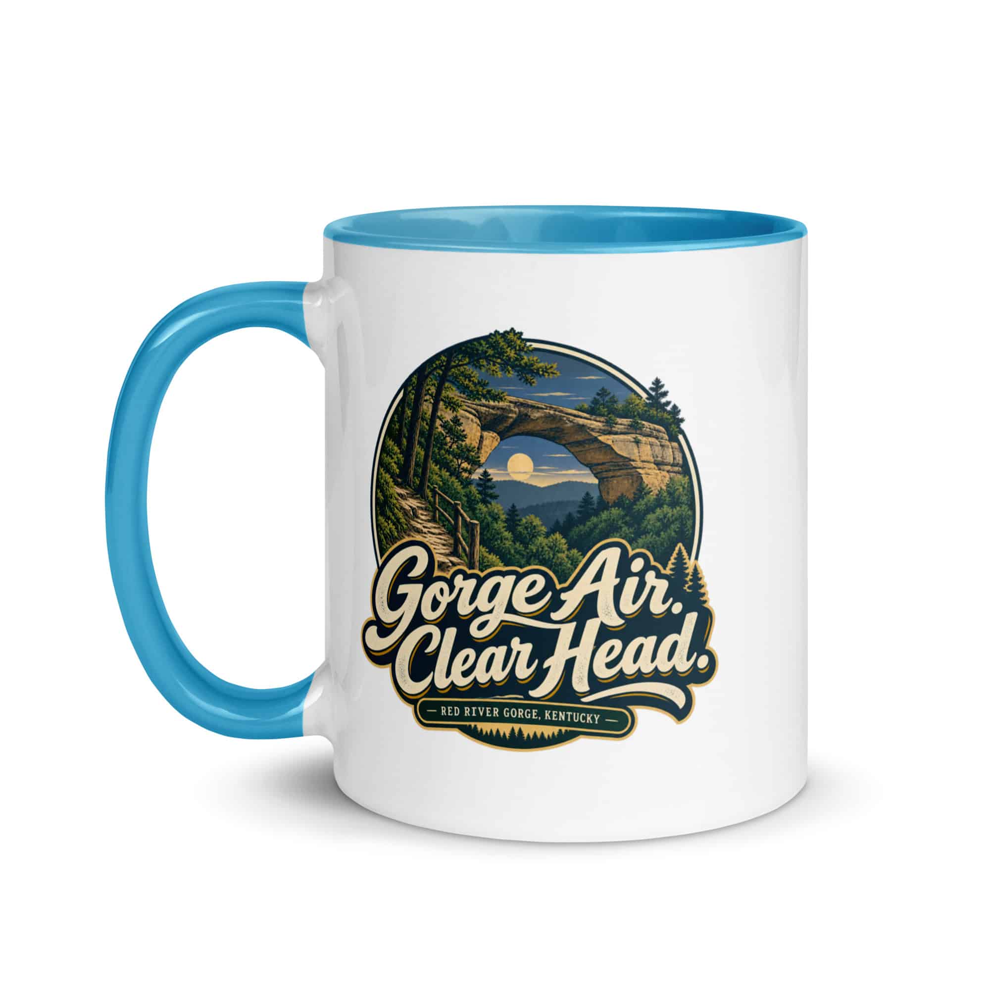 Red River Gorge Color Inside Coffee Mug: Gorge Air. Clear Head, Woodland Scenic Lettering