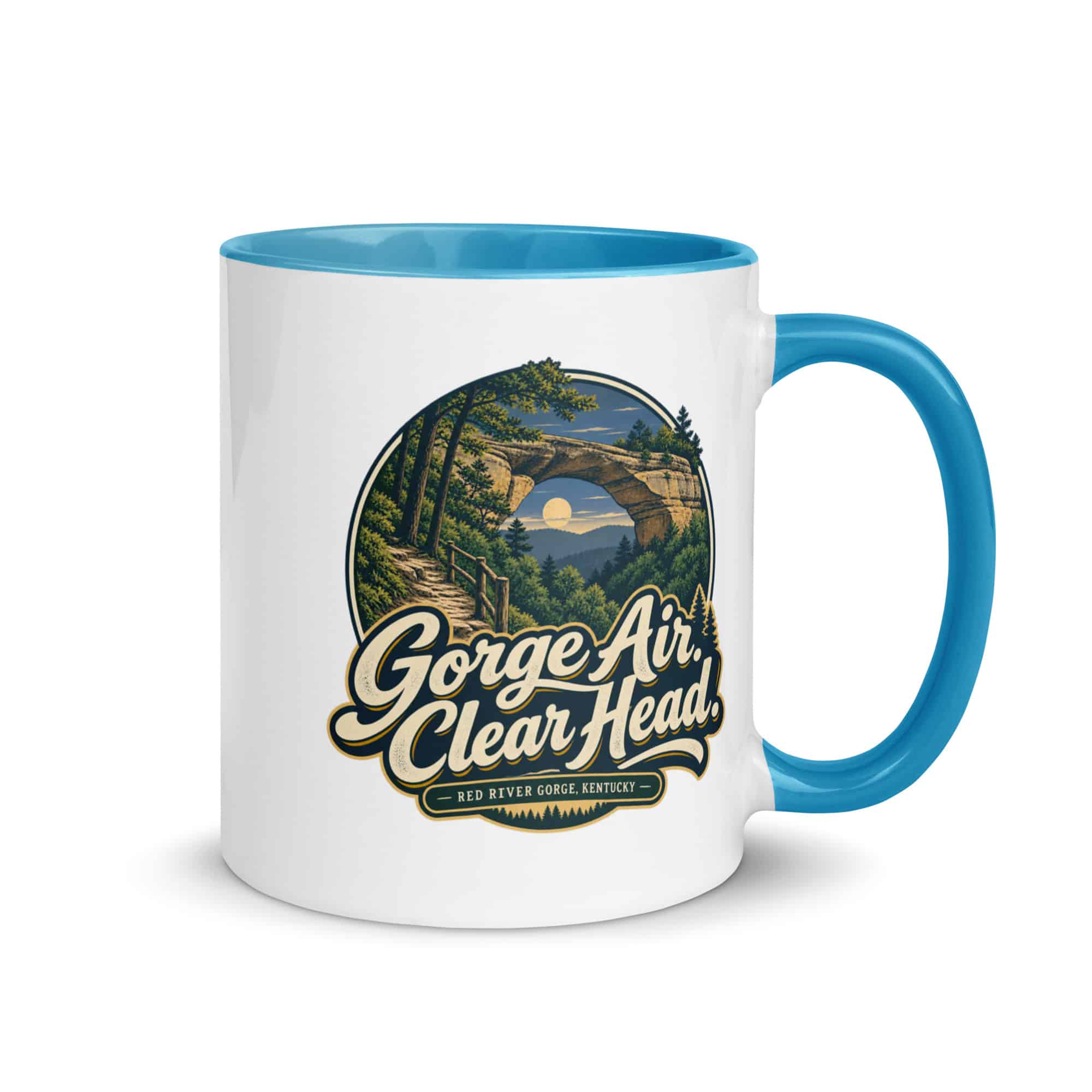 Red River Gorge Color Inside Coffee Mug: Gorge Air. Clear Head, Woodland Scenic Lettering