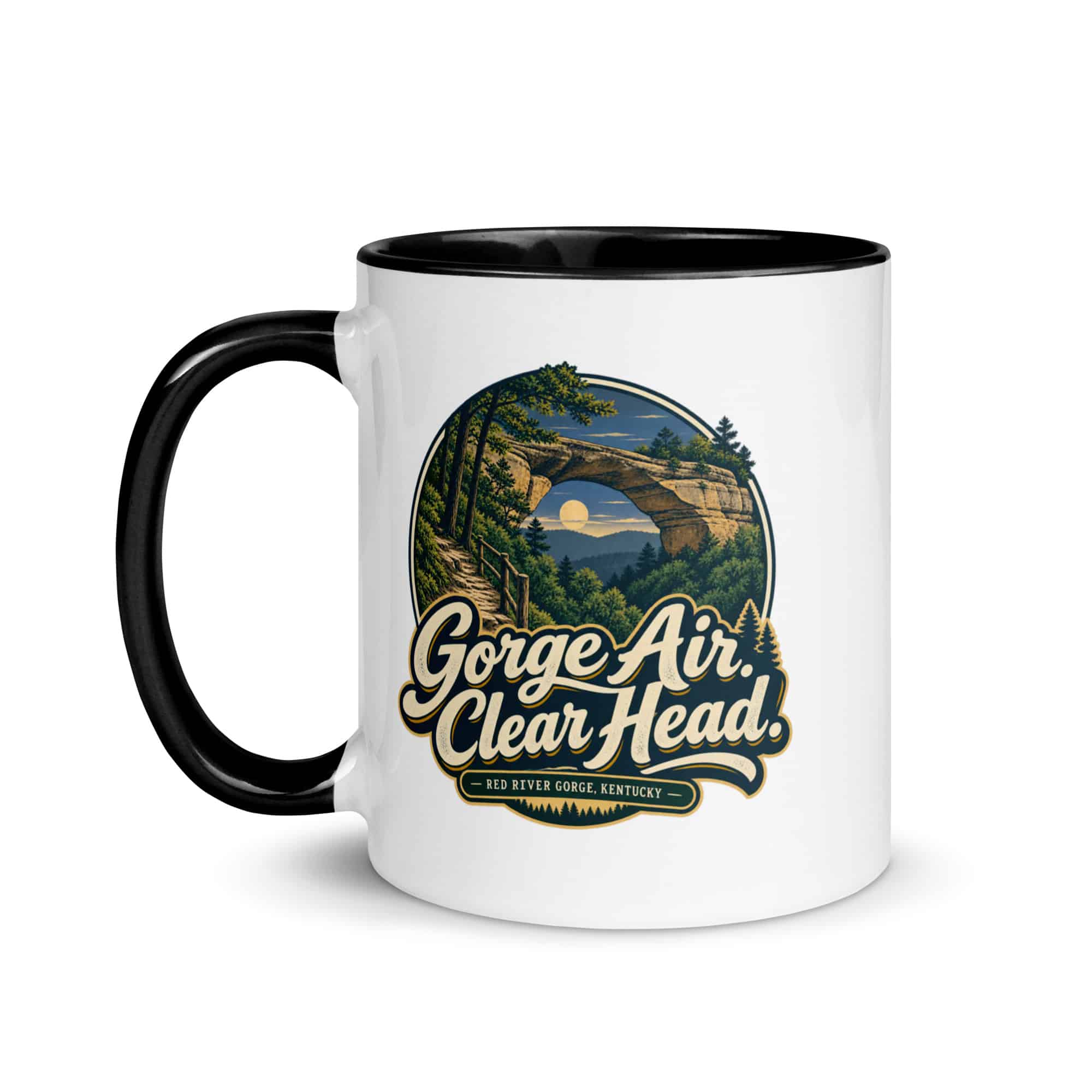Red River Gorge Color Inside Coffee Mug: Gorge Air. Clear Head, Woodland Scenic Lettering