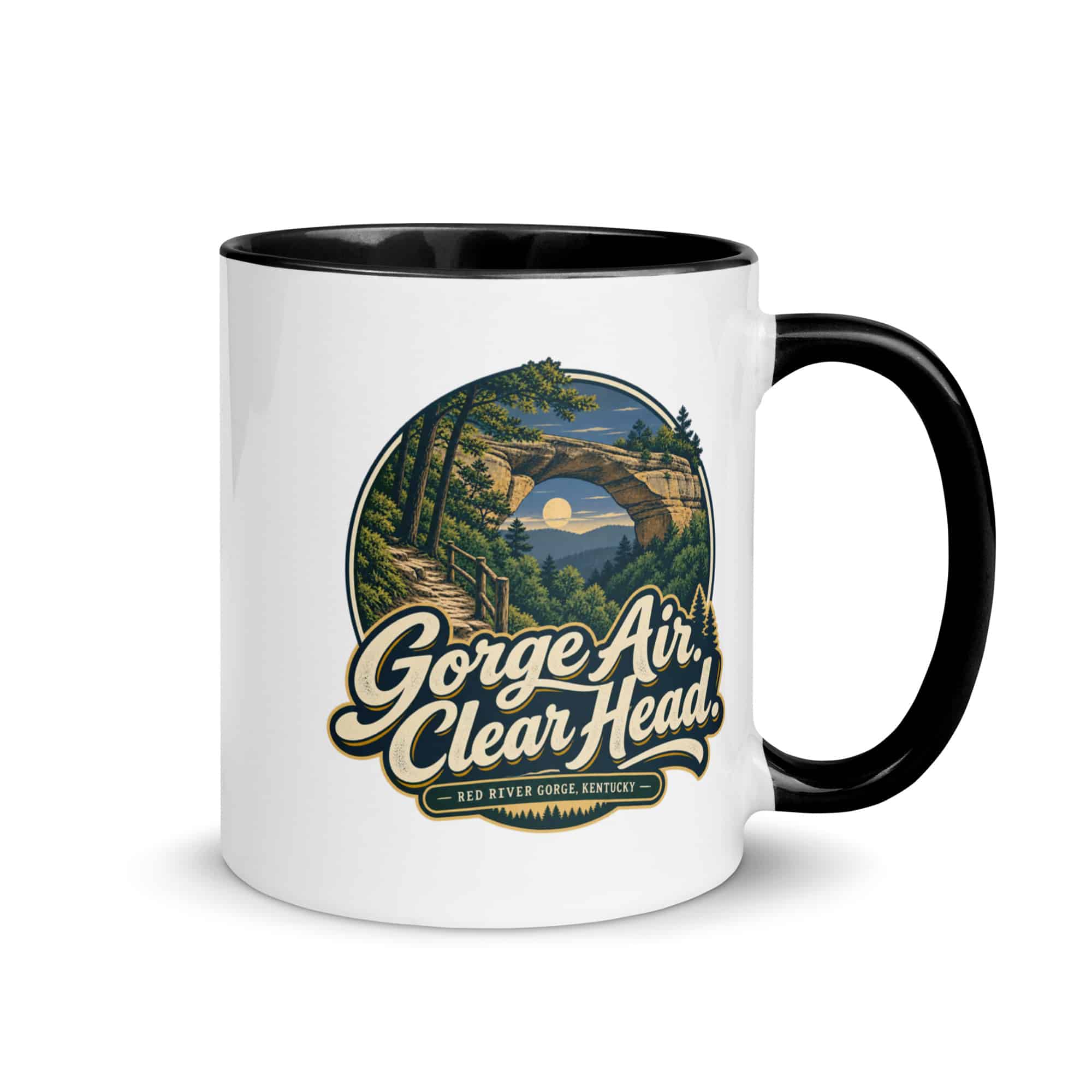 Red River Gorge Color Inside Coffee Mug: Gorge Air. Clear Head, Woodland Scenic Lettering