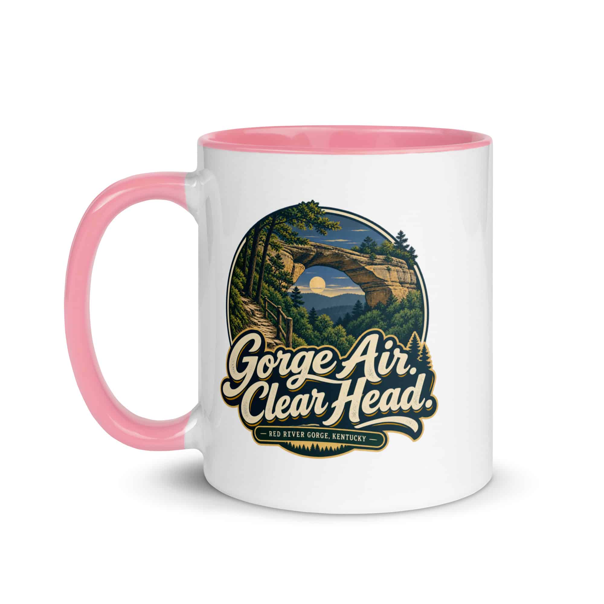 Red River Gorge Color Inside Coffee Mug: Gorge Air. Clear Head, Woodland Scenic Lettering