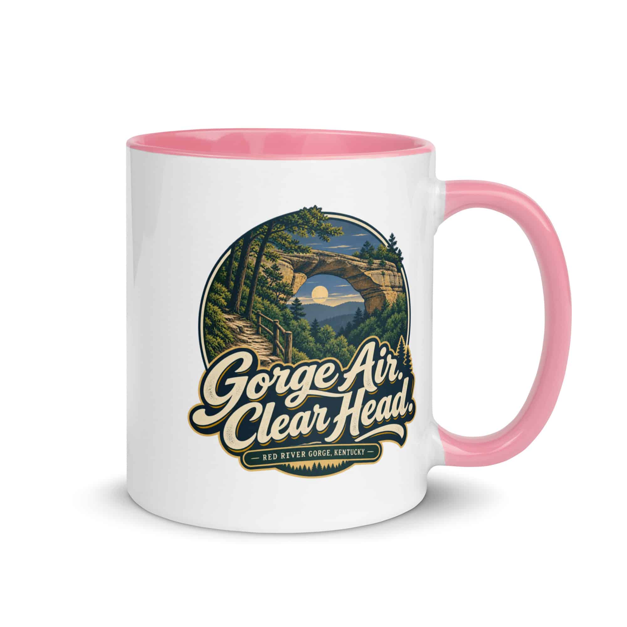 Red River Gorge Color Inside Coffee Mug: Gorge Air. Clear Head, Woodland Scenic Lettering