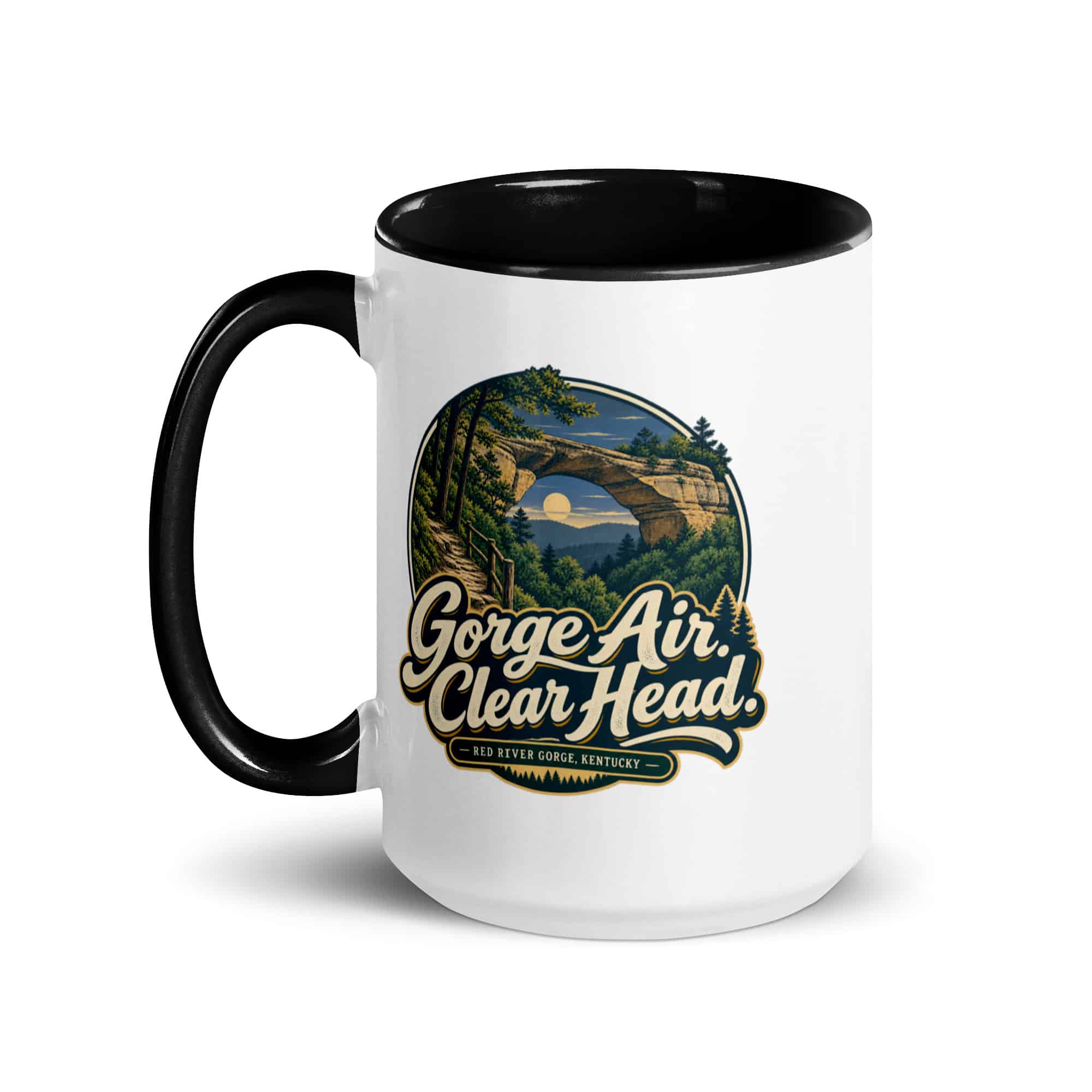Red River Gorge Color Inside Coffee Mug: Gorge Air. Clear Head, Woodland Scenic Lettering