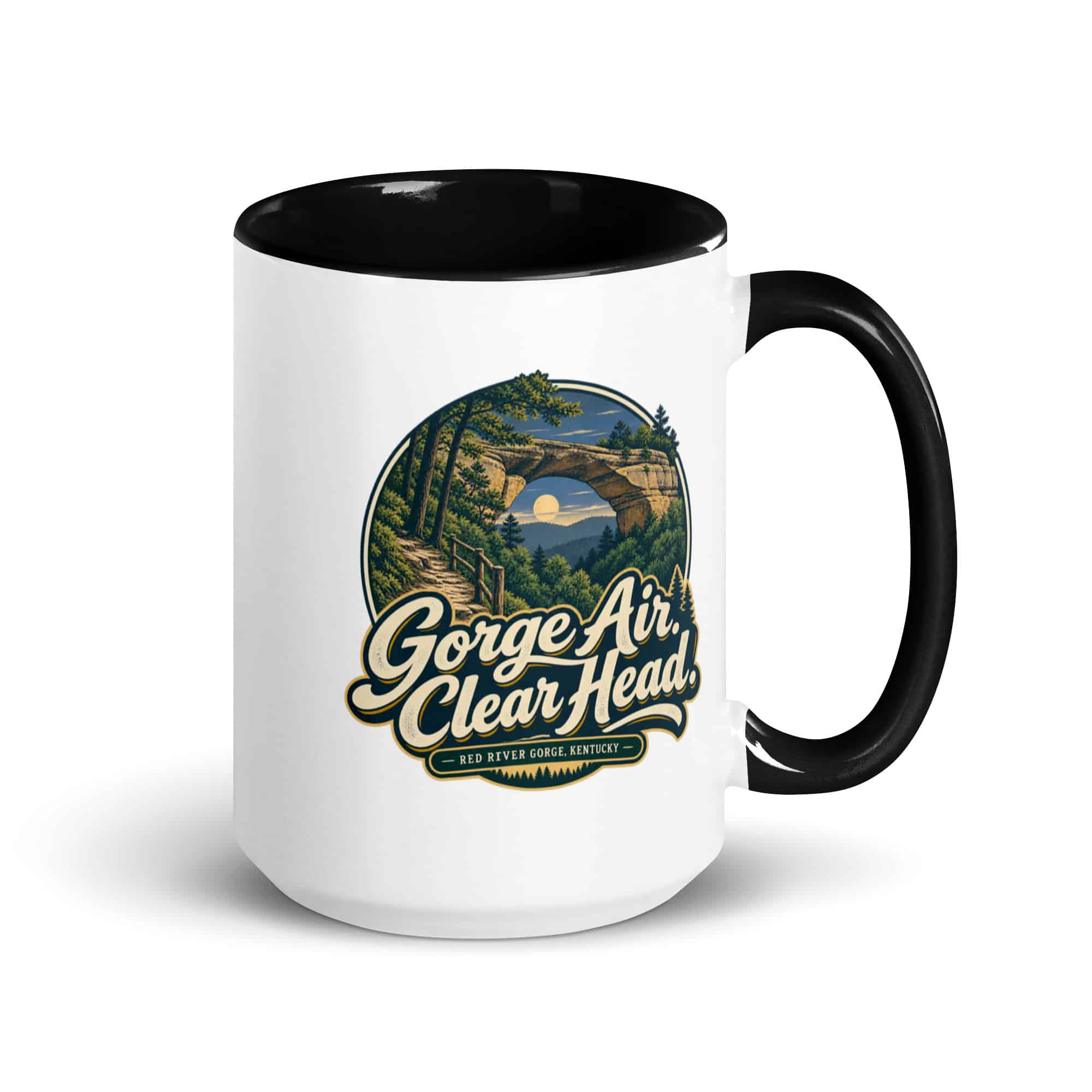 Red River Gorge Color Inside Coffee Mug: Gorge Air. Clear Head, Woodland Scenic Lettering