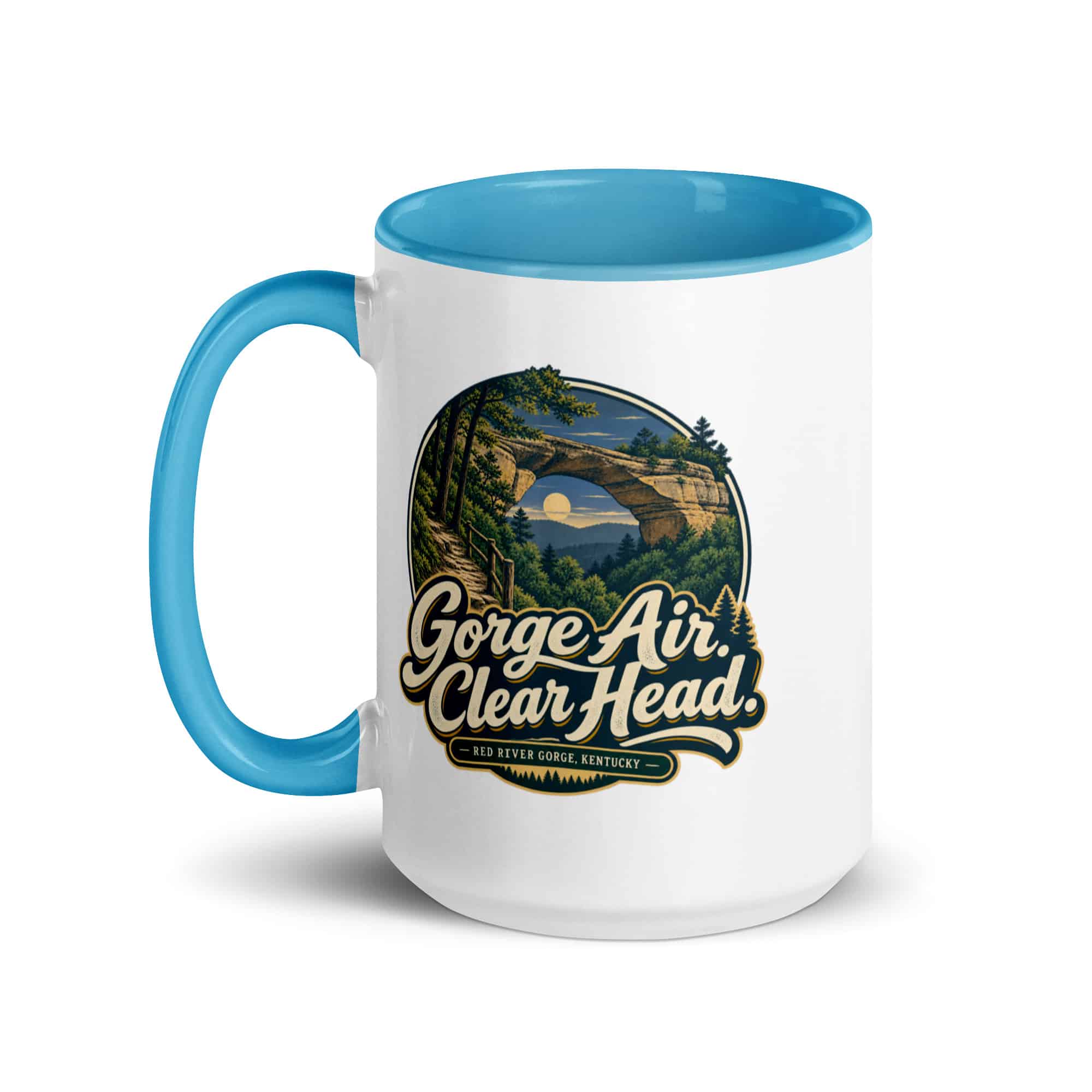 Red River Gorge Color Inside Coffee Mug: Gorge Air. Clear Head, Woodland Scenic Lettering