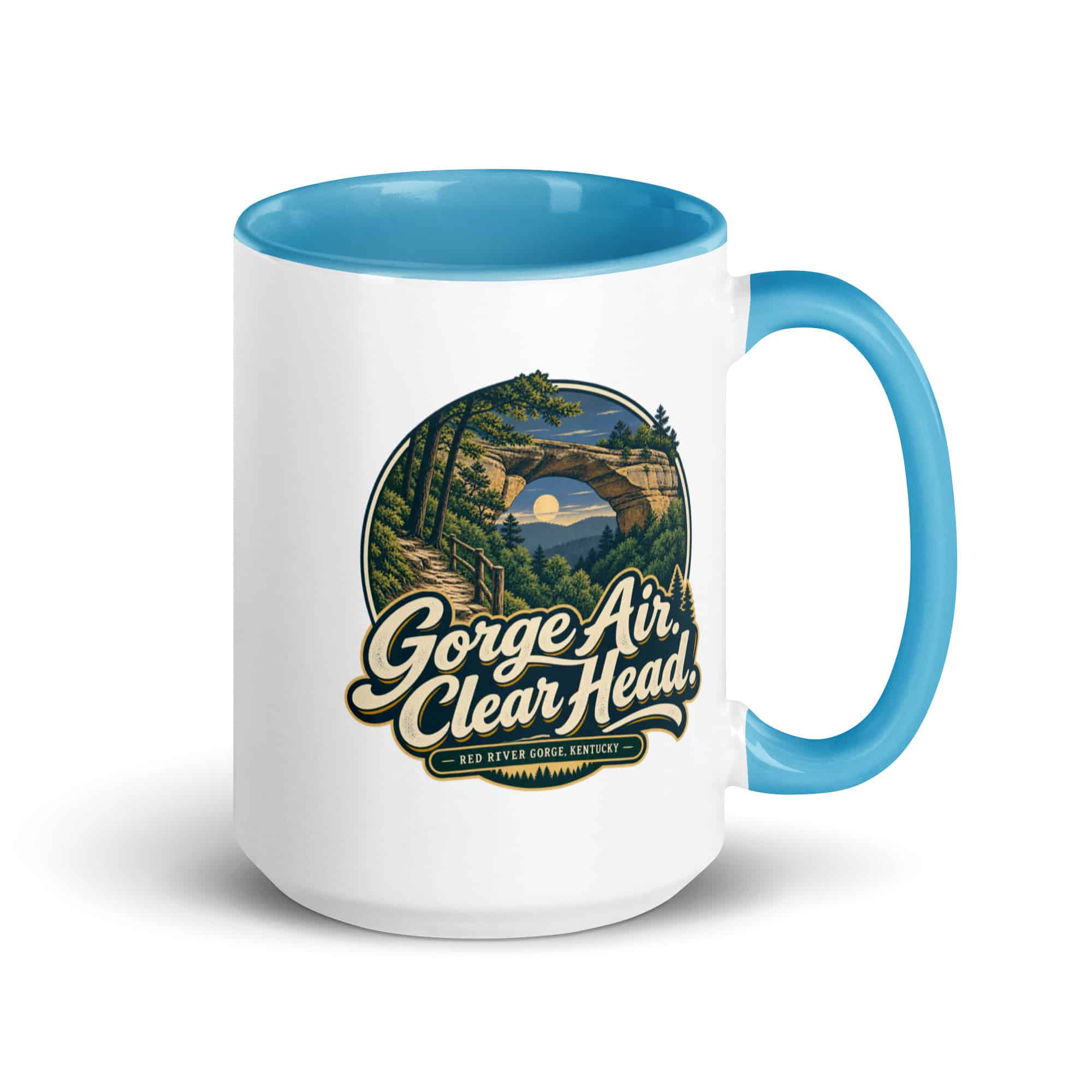 Red River Gorge Color Inside Coffee Mug: Gorge Air. Clear Head, Woodland Scenic Lettering