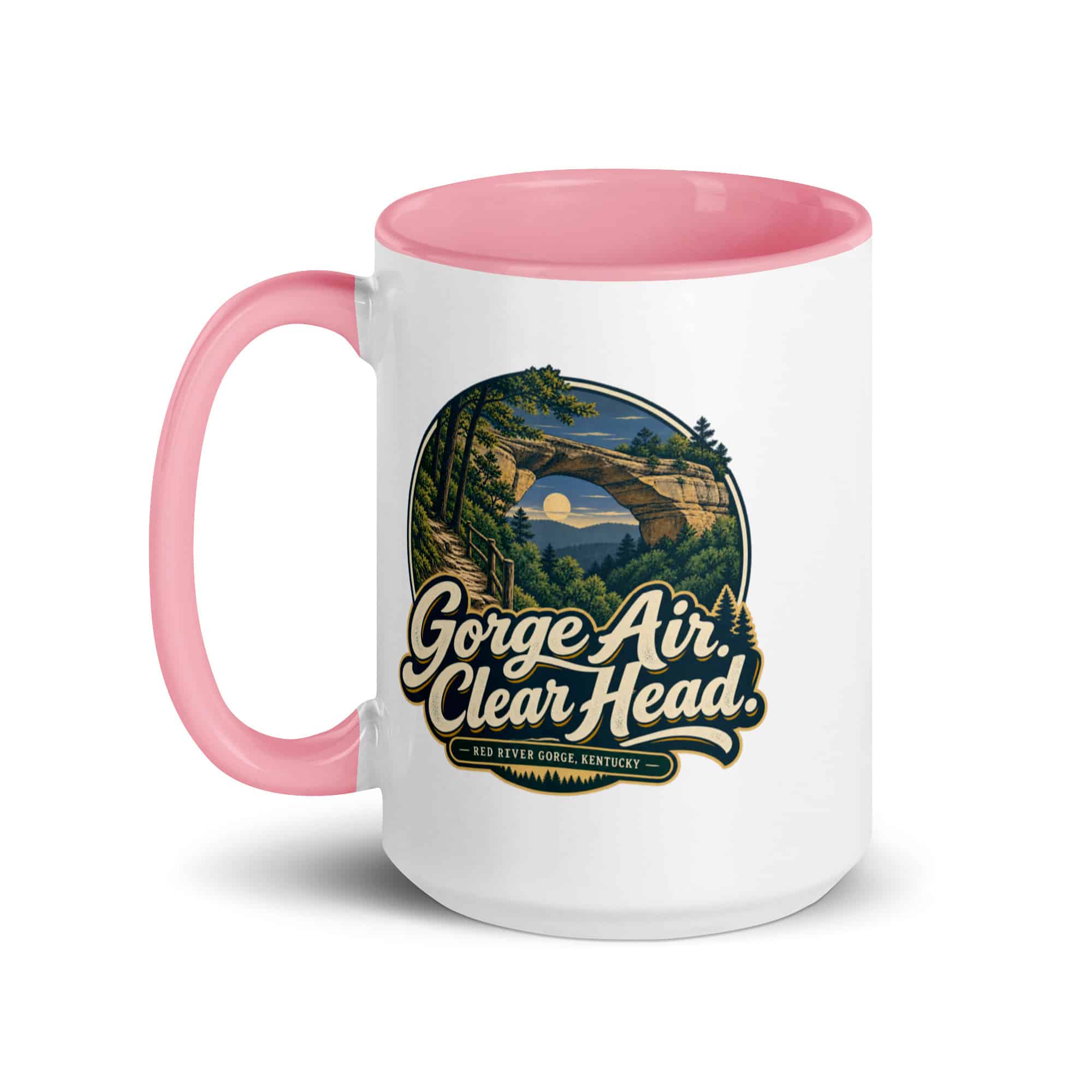 Red River Gorge Color Inside Coffee Mug: Gorge Air. Clear Head, Woodland Scenic Lettering