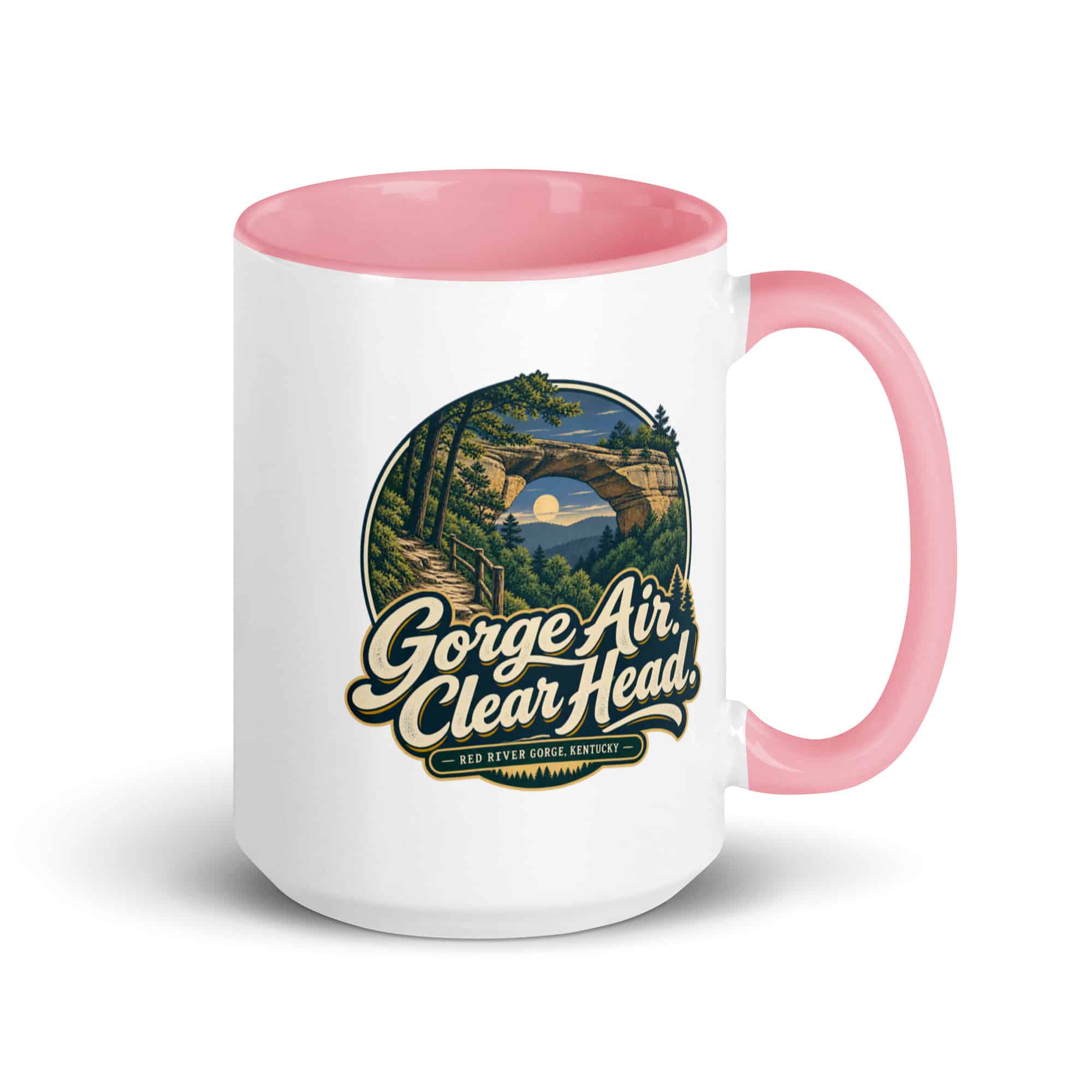 Red River Gorge Color Inside Coffee Mug: Gorge Air. Clear Head, Woodland Scenic Lettering