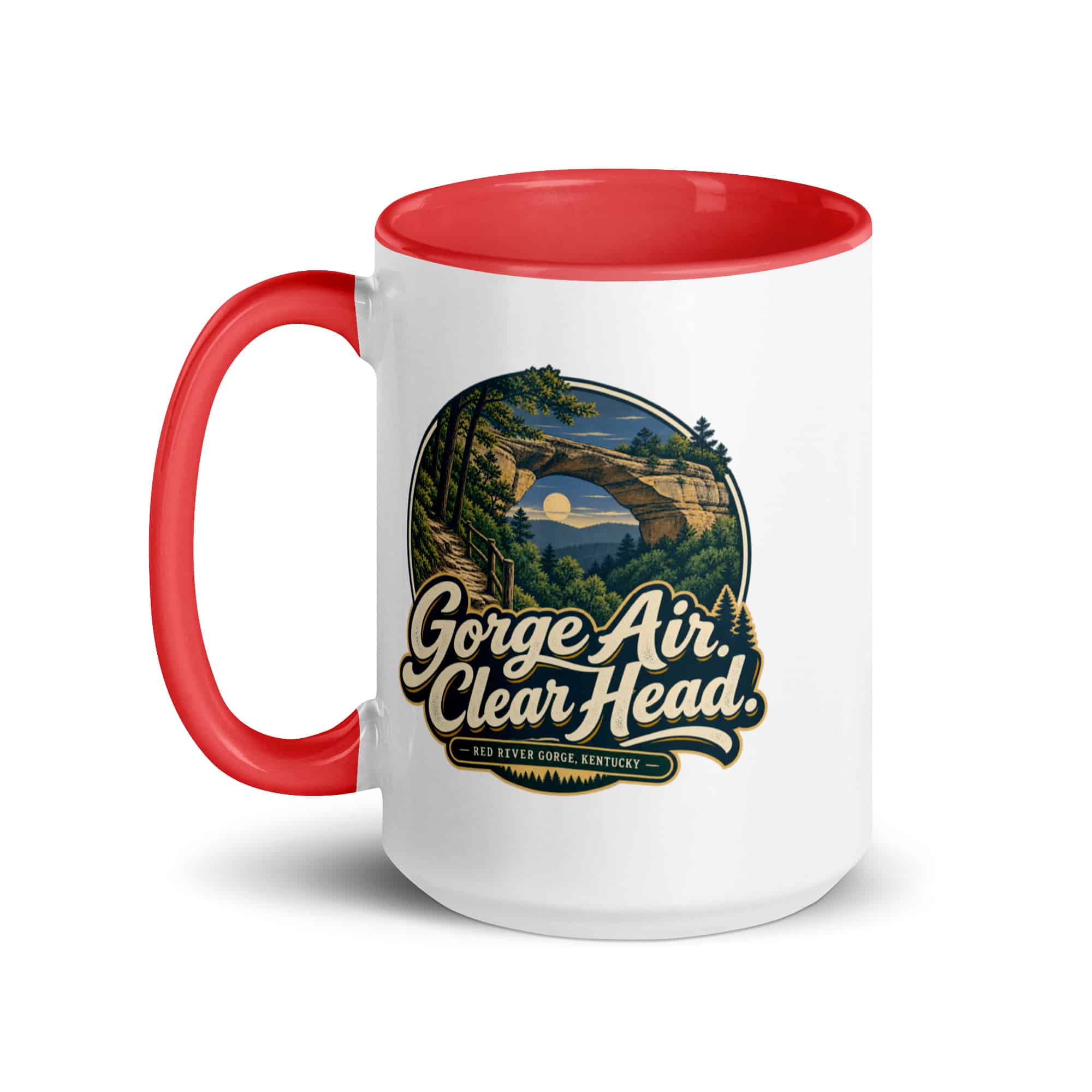 Red River Gorge Color Inside Coffee Mug: Gorge Air. Clear Head, Woodland Scenic Lettering