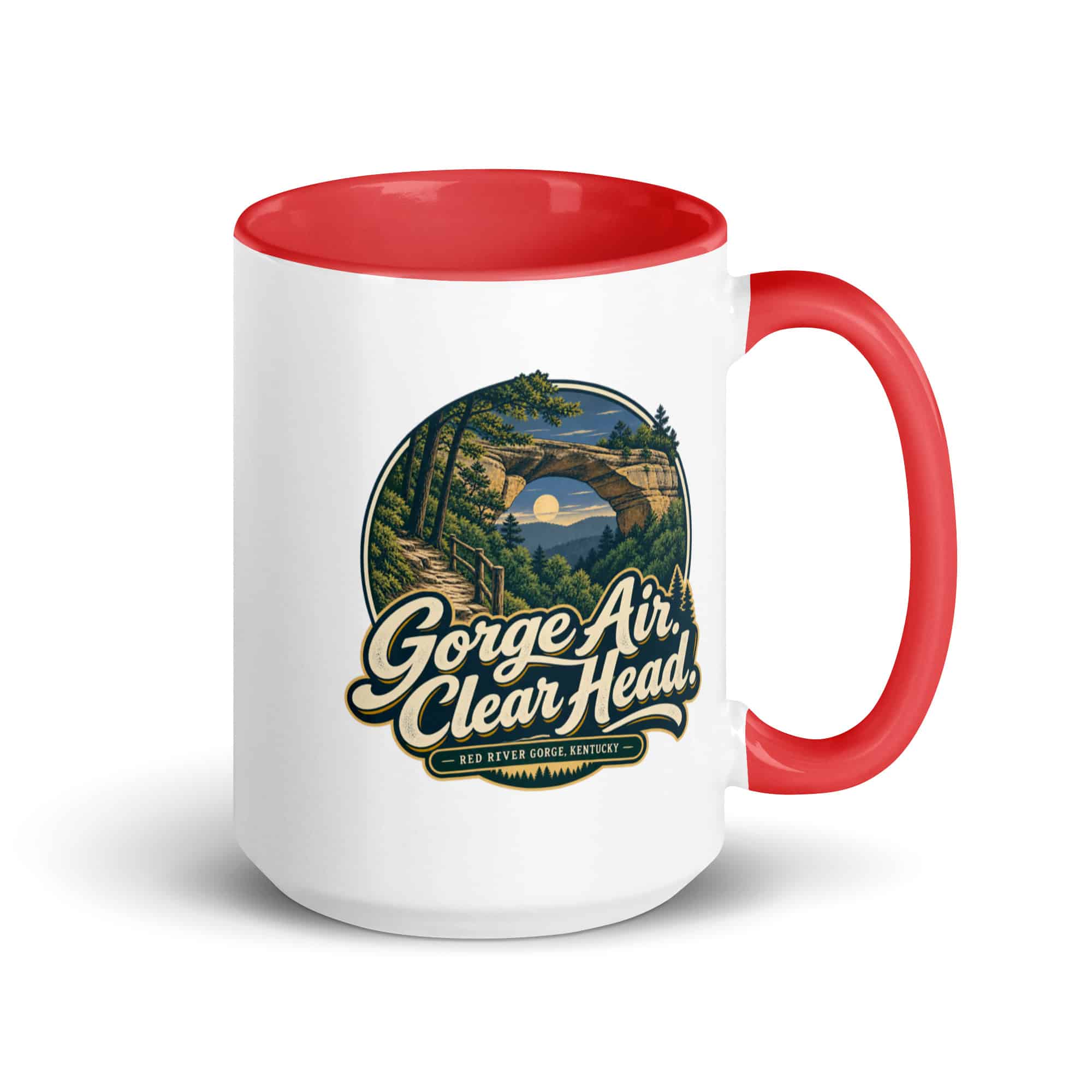 Red River Gorge Color Inside Coffee Mug: Gorge Air. Clear Head, Woodland Scenic Lettering