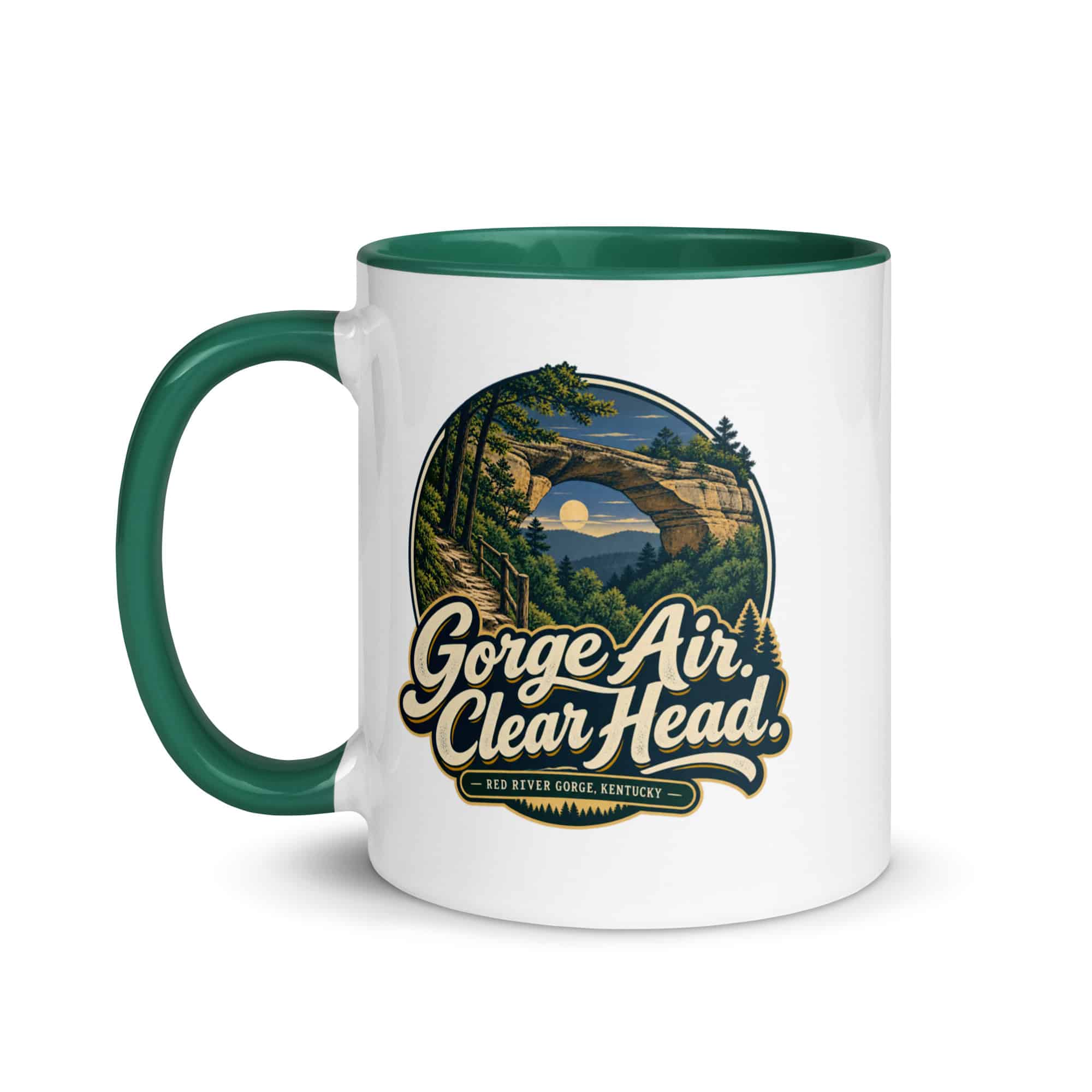 Red River Gorge Color Inside Coffee Mug: Gorge Air. Clear Head, Woodland Scenic Lettering