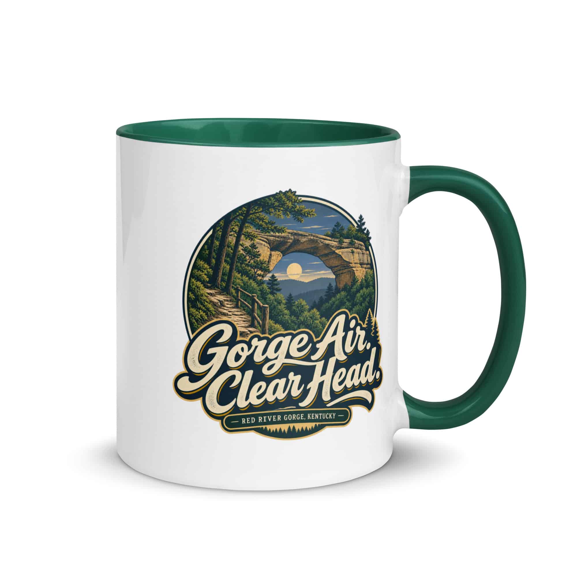Red River Gorge Color Inside Coffee Mug: Gorge Air. Clear Head, Woodland Scenic Lettering