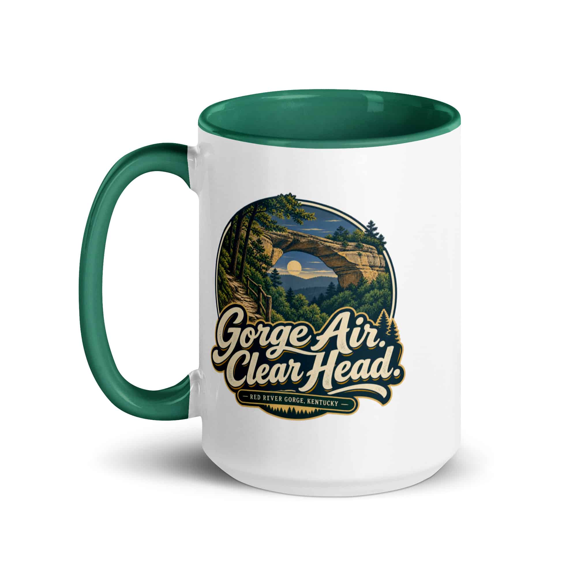Red River Gorge Color Inside Coffee Mug: Gorge Air. Clear Head, Woodland Scenic Lettering