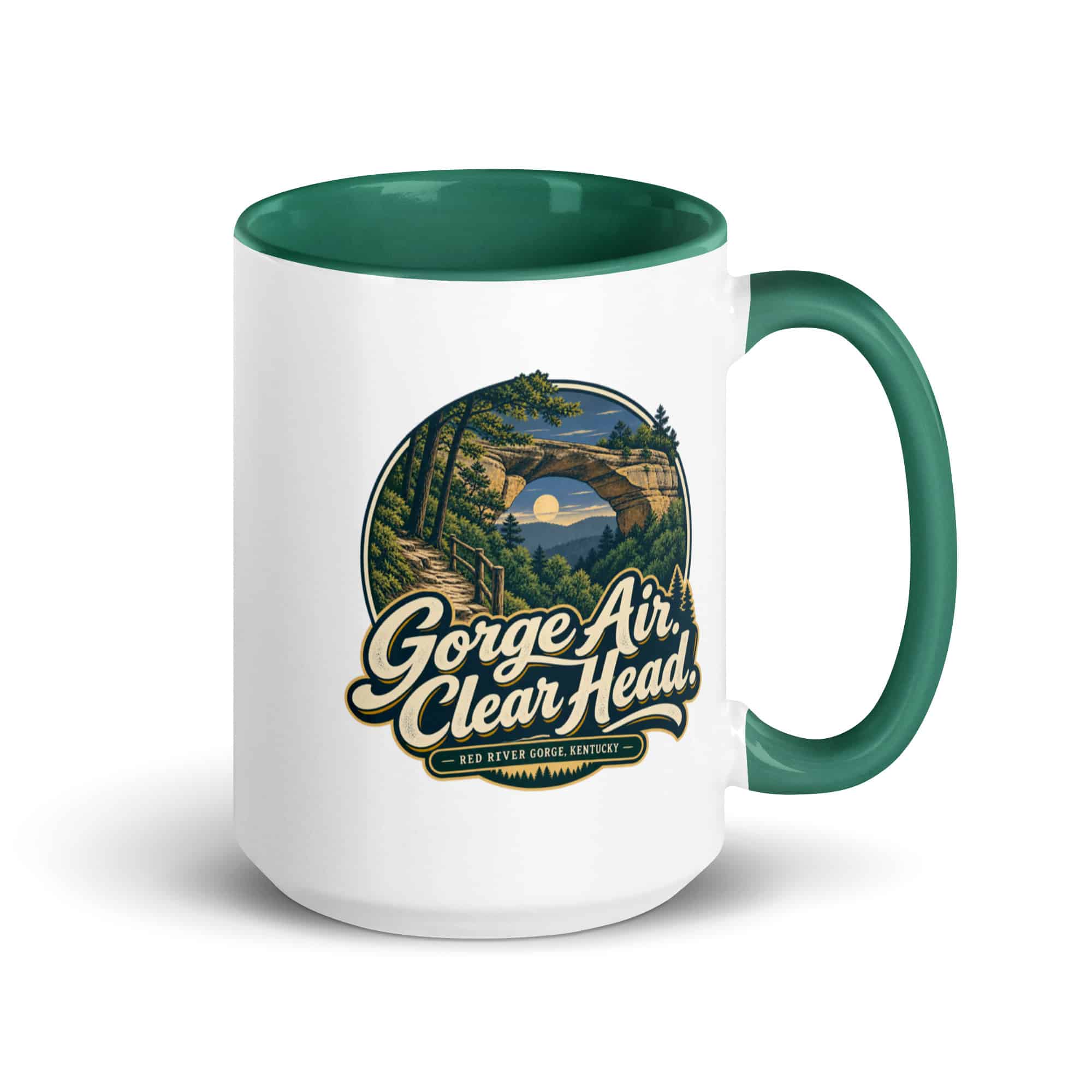 Red River Gorge Color Inside Coffee Mug: Gorge Air. Clear Head, Woodland Scenic Lettering