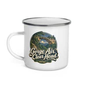 Red River Gorge Enamel Camp Mug: Gorge Air. Clear Head, Woodland Scenic Lettering - 12 oz - Left
