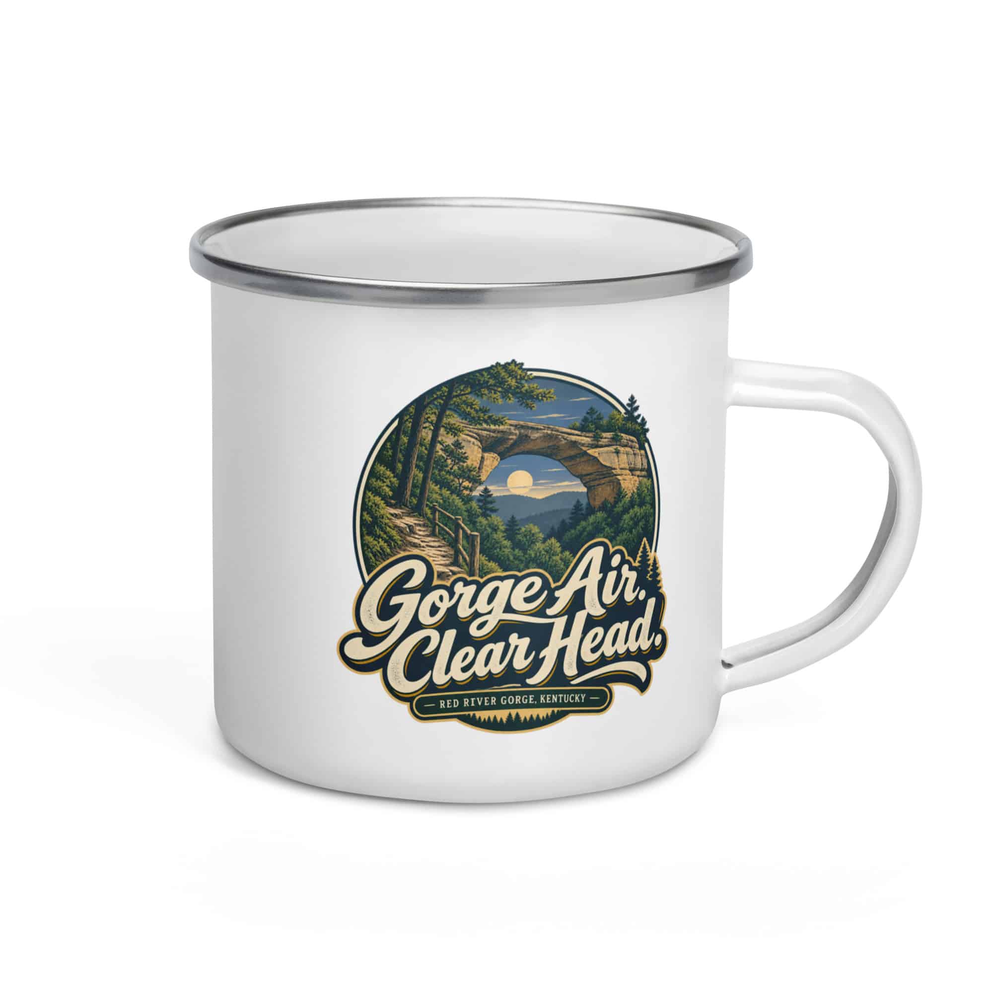 Red River Gorge Enamel Camp Mug: Gorge Air. Clear Head, Woodland Scenic Lettering