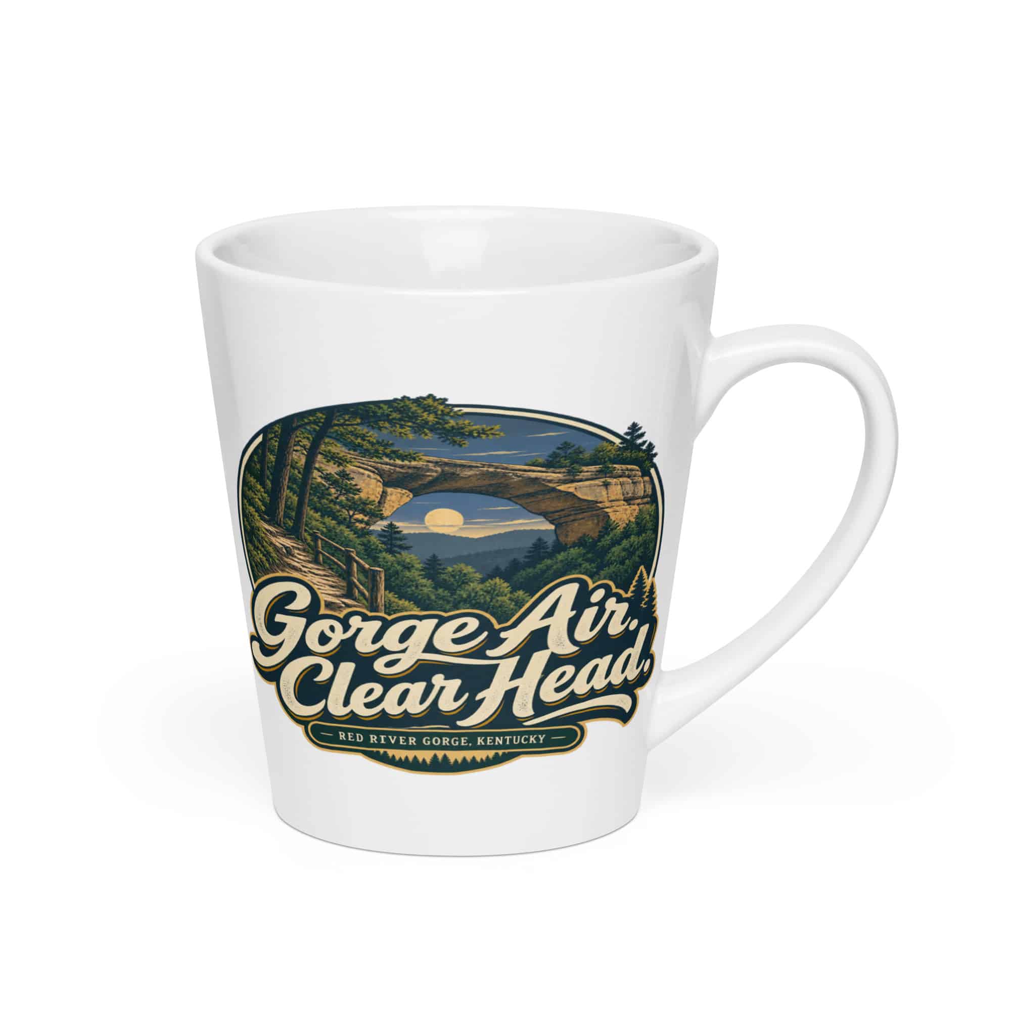 Red River Gorge Latte Mug: Gorge Air. Clear Head, Woodland Scenic Lettering