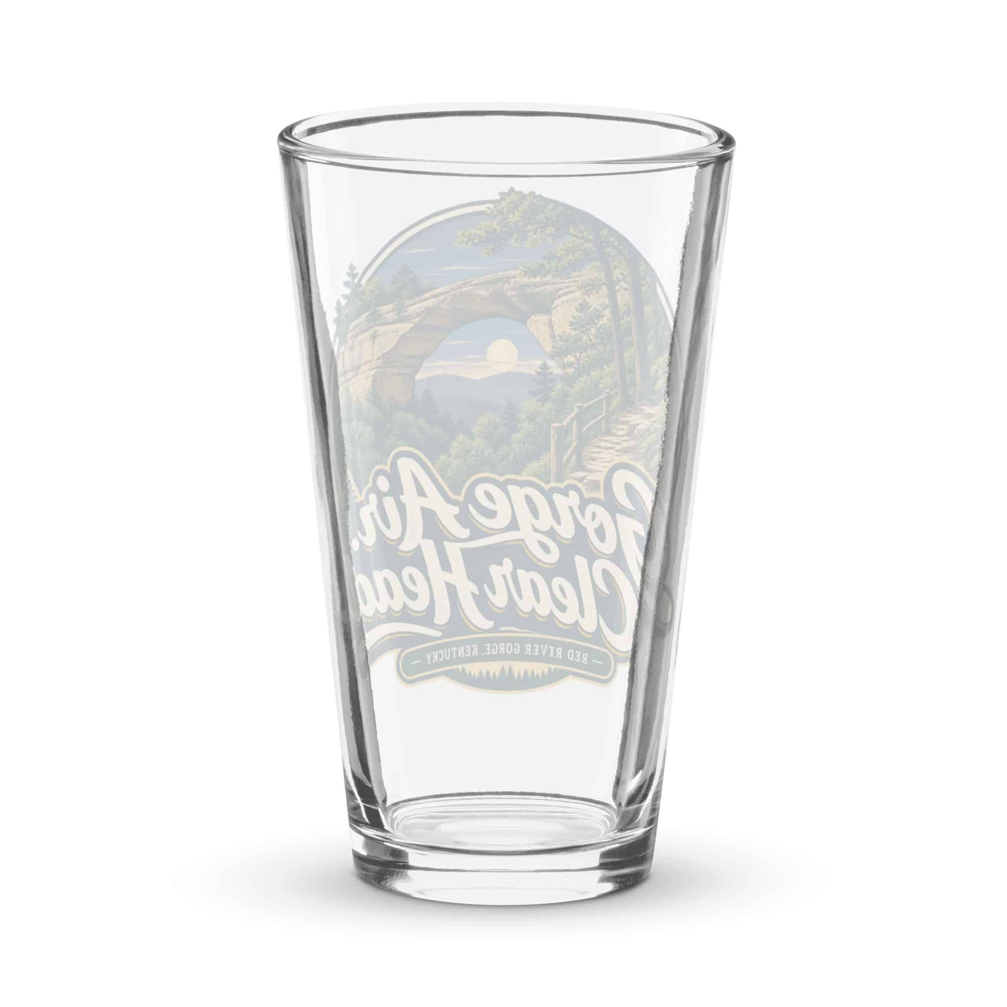Red River Gorge Pint Glass: Gorge Air. Clear Head, Woodland Scenic Lettering