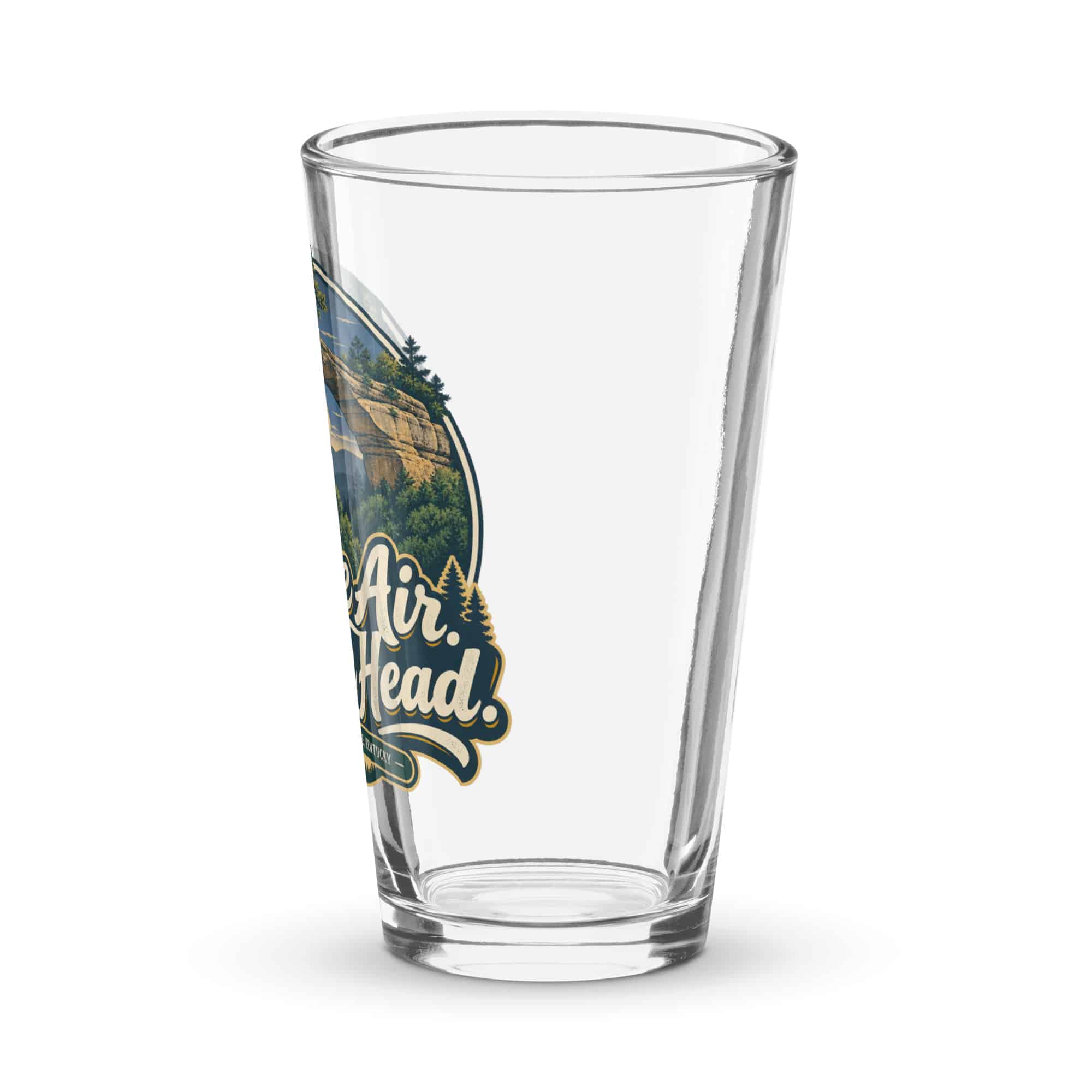 Red River Gorge Pint Glass: Gorge Air. Clear Head, Woodland Scenic Lettering