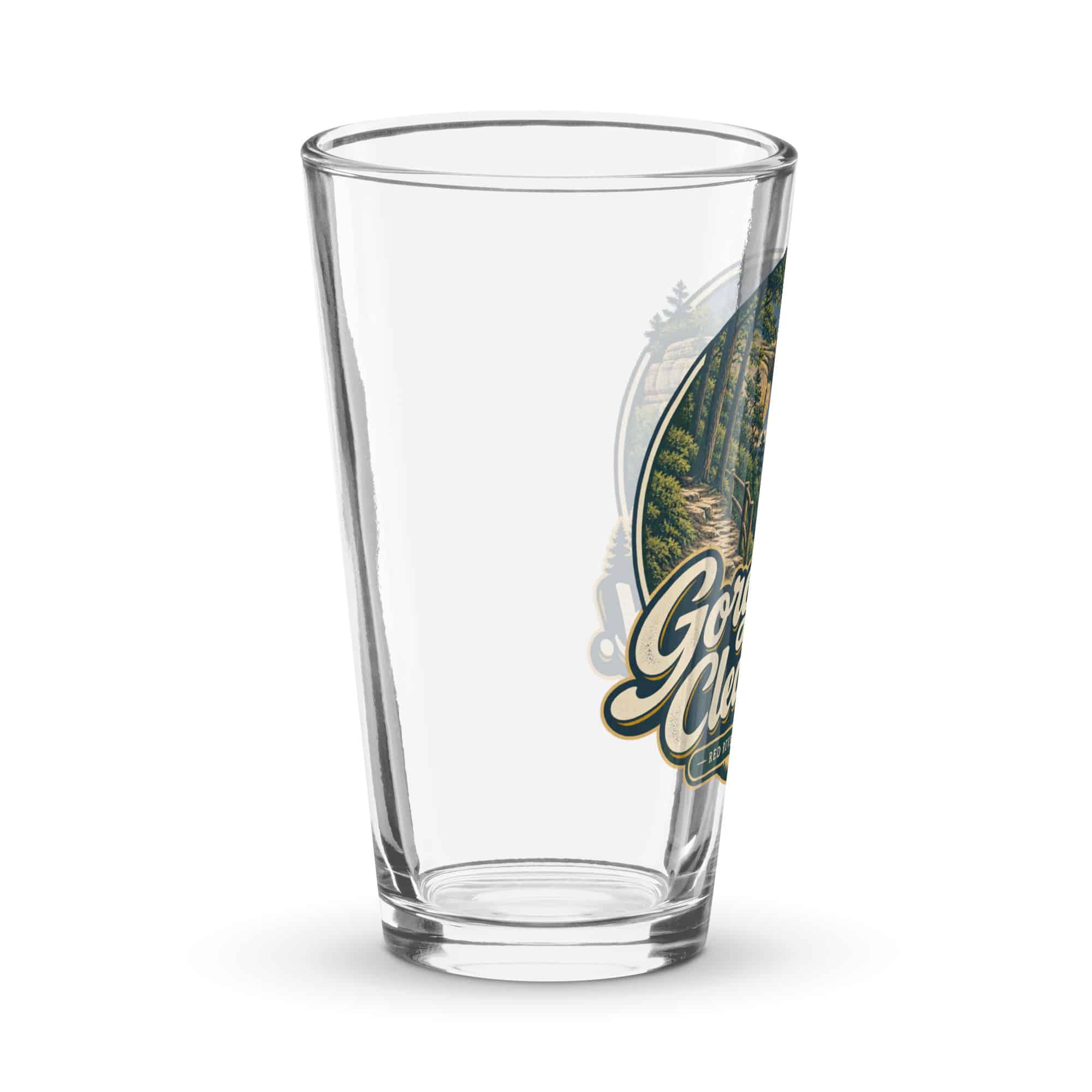 Red River Gorge Pint Glass: Gorge Air. Clear Head, Woodland Scenic Lettering