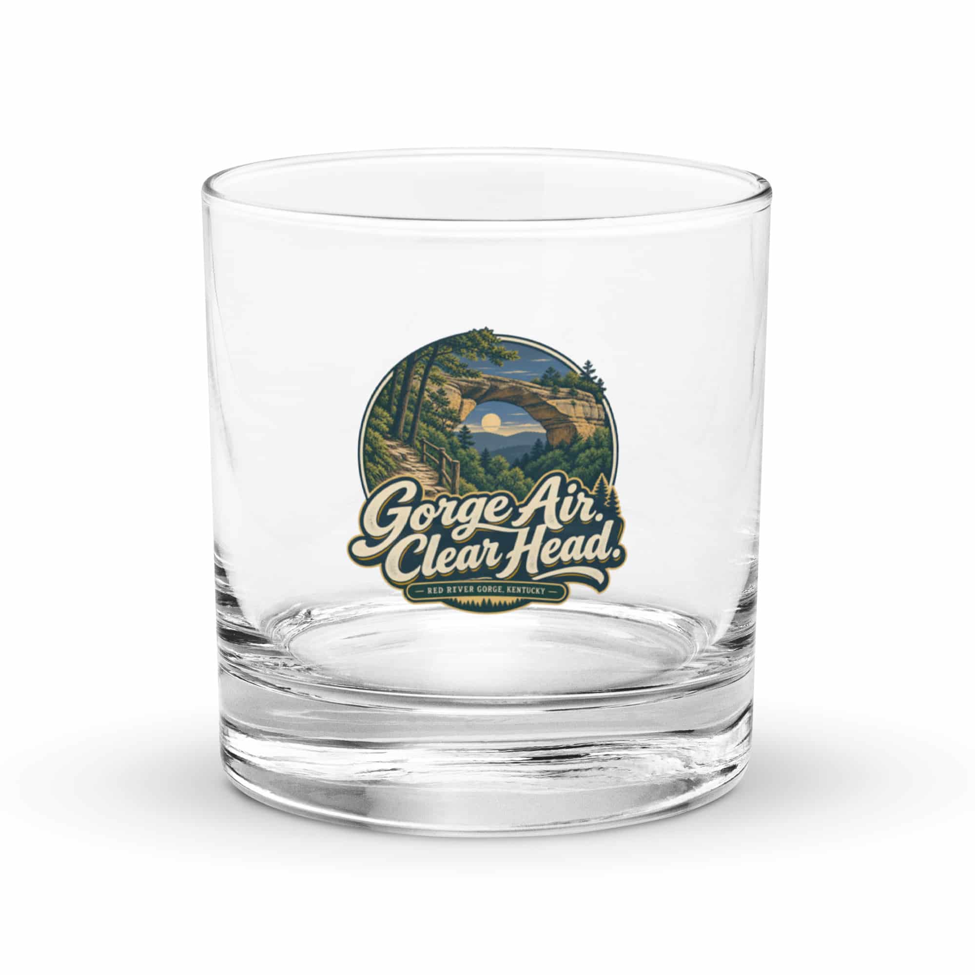 Red River Gorge Rocks Glass: Gorge Air. Clear Head, Woodland Scenic Lettering