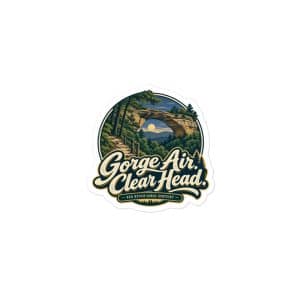 Red River Gorge Vinyl Sticker: Gorge Air. Clear Head, Woodland Scenic Lettering - 3″×3″ - Main