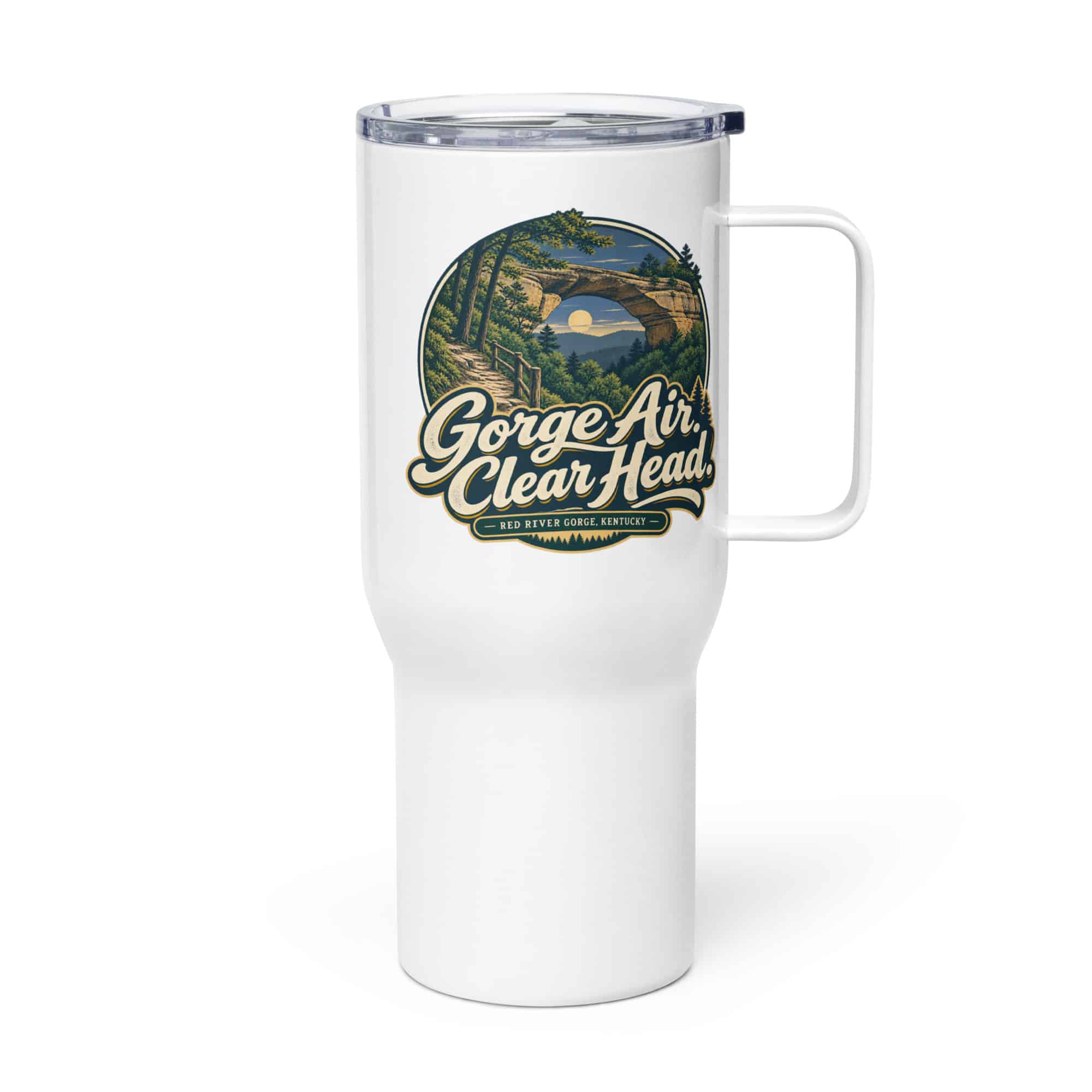 Red River Gorge Travel Mug: Gorge Air. Clear Head, Woodland Scenic Lettering